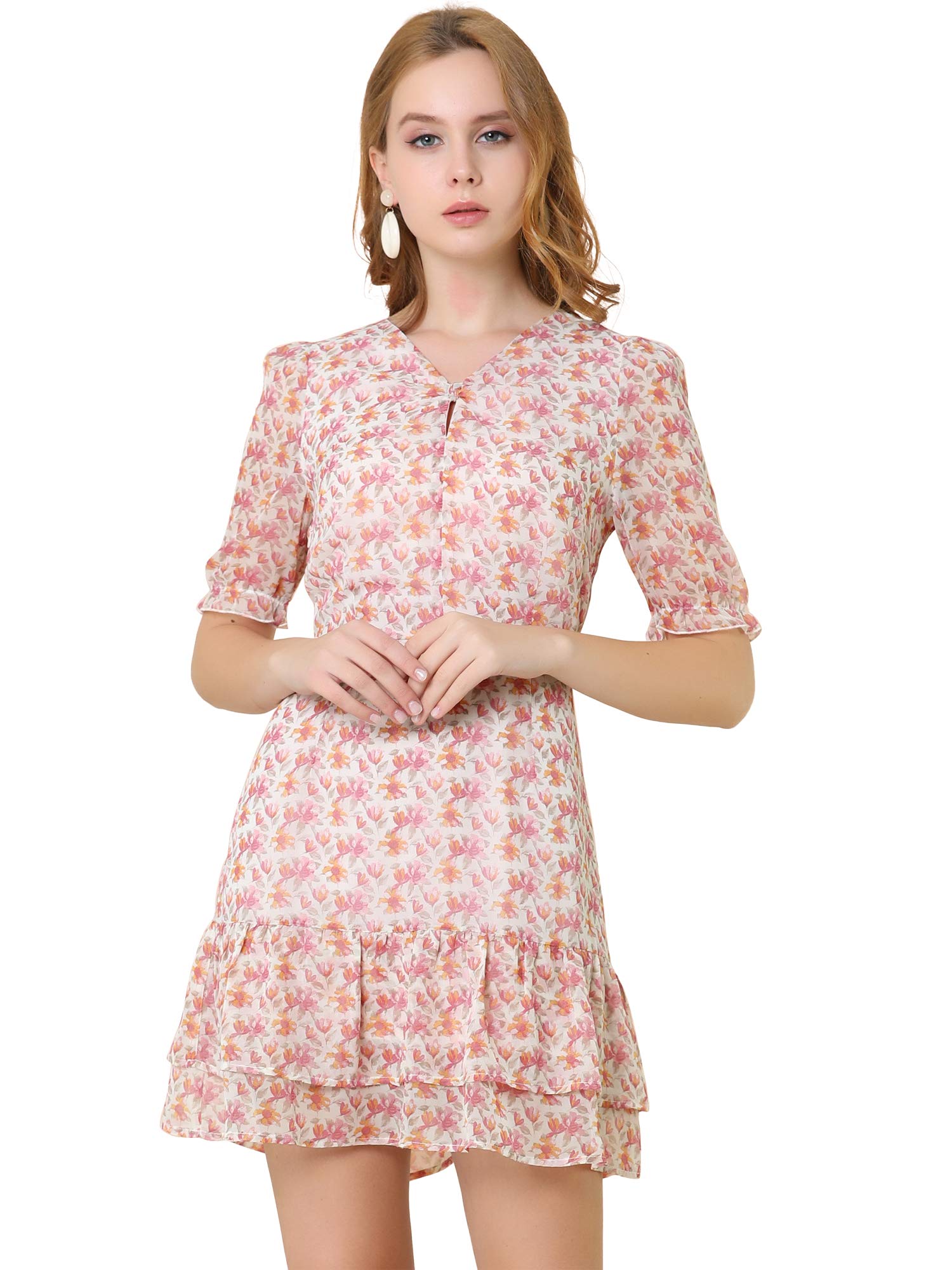 Allegra K Women's Elegant Short Sleeve Chiffon Dress with Ruffled Hem & Watercolor Floral Print - Perfect for Summer Parties, Weddings & Special Occasions