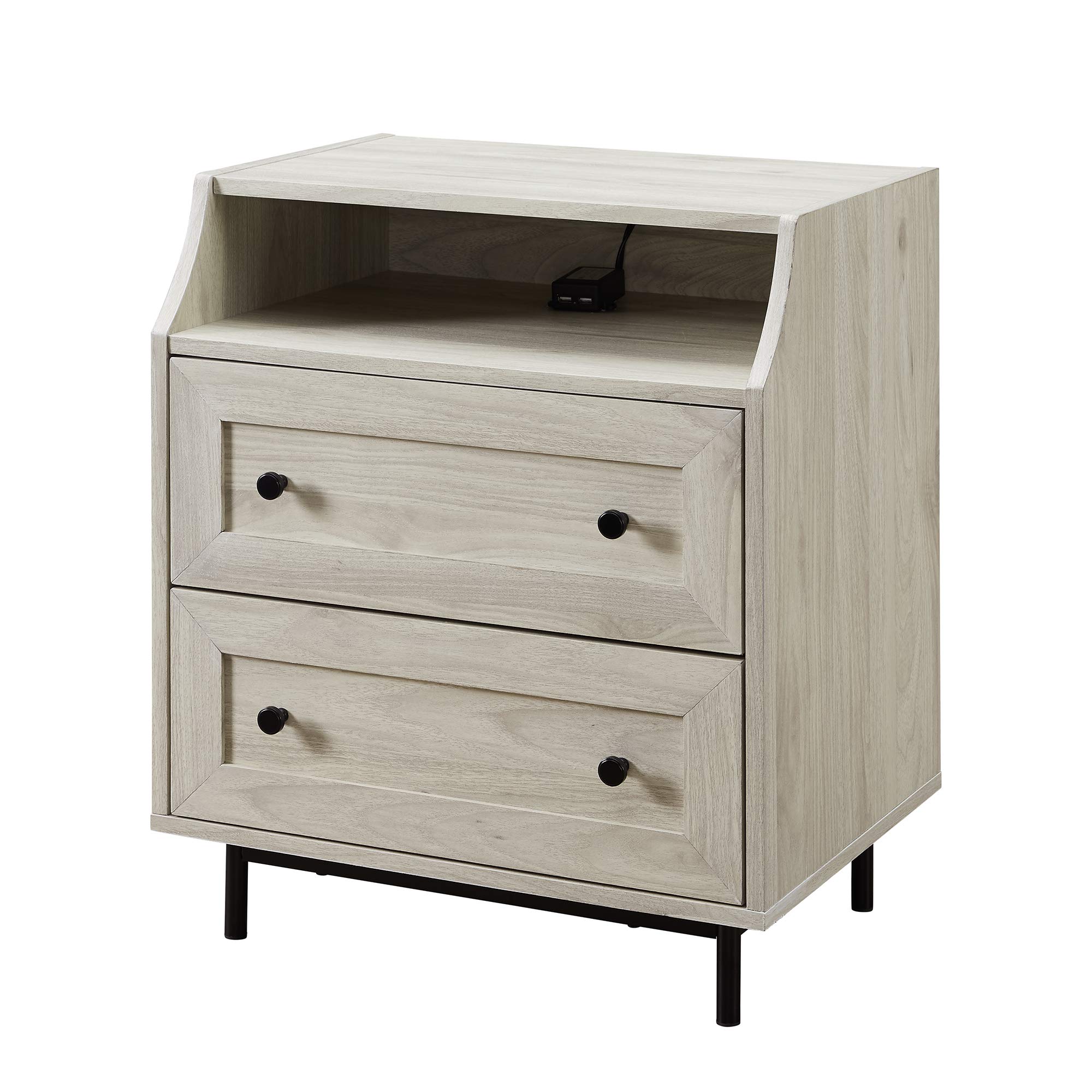 Walker Edison Florence 22 Inch 2-Drawer Open Top Nightstand with USB Charging Port - Modern Birch Wood Bedside Table for Bedroom, Living Room & Office Use