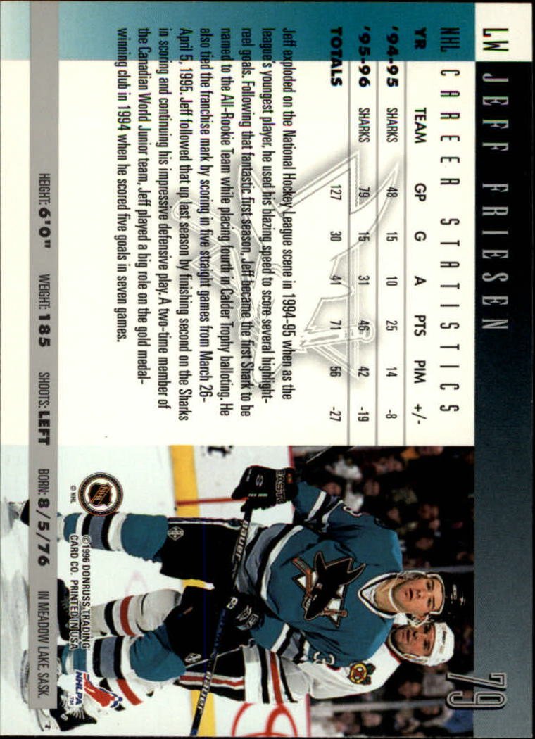 1996-97 Donruss Hockey Card #79 Jeff Friesen - NHL Collectible Trading Card for Sports Memorabilia Fans and Card Collectors - Perfect for Display, Trading, and Investment