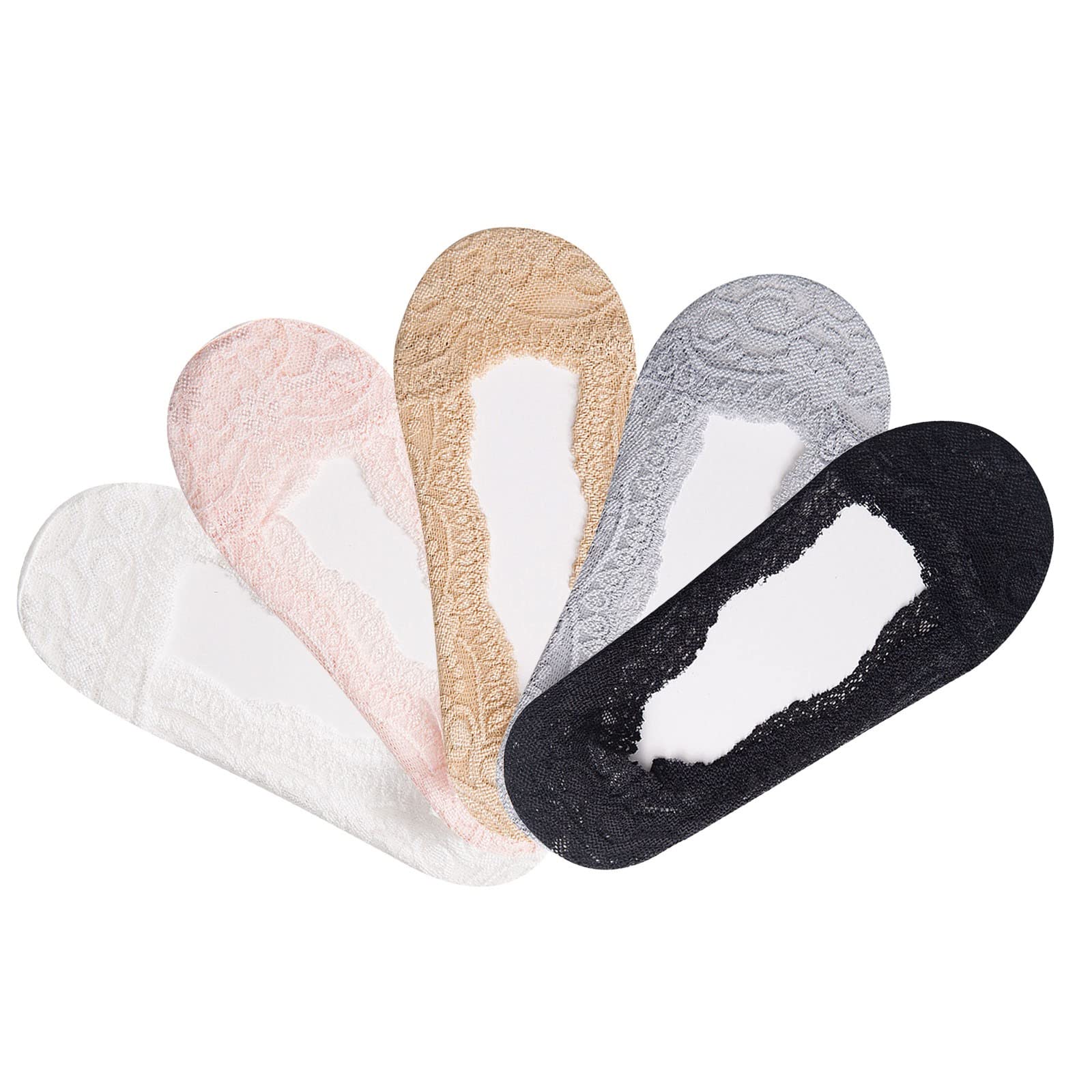 Evangelia.YM 5 Pairs Women's Lace Ballet Socks - Breathable, Non-Slip, Sheer Low Cut Socks for Dance, Yoga & Everyday Wear (Pink, Black, Grey, White, Beige, One Size)