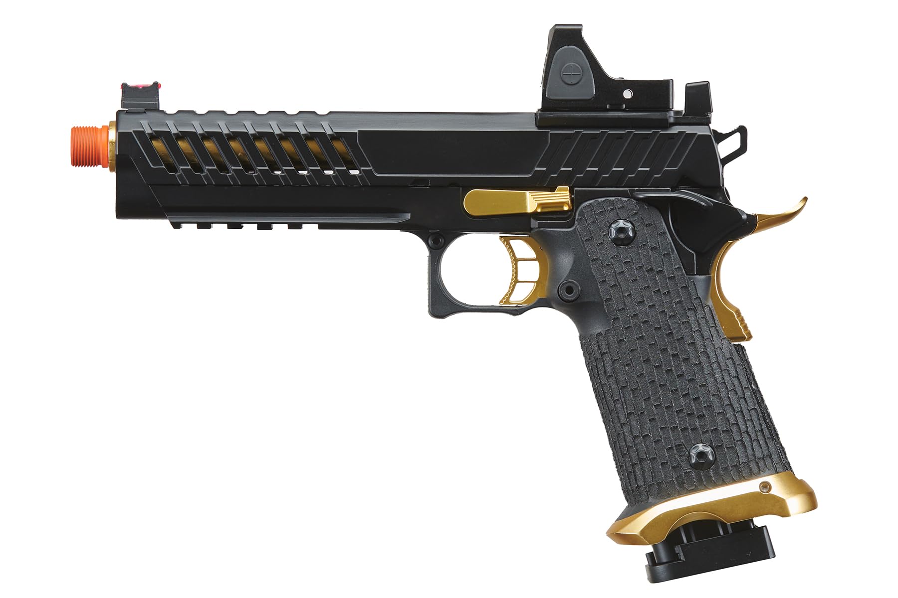 Lancer Tactical Knightshade Hi-Capa Gas Blowback Airsoft Pistol with Red Dot Reflex Sight - Black/Gold | Realistic Training & Competitive Airsoft Matches