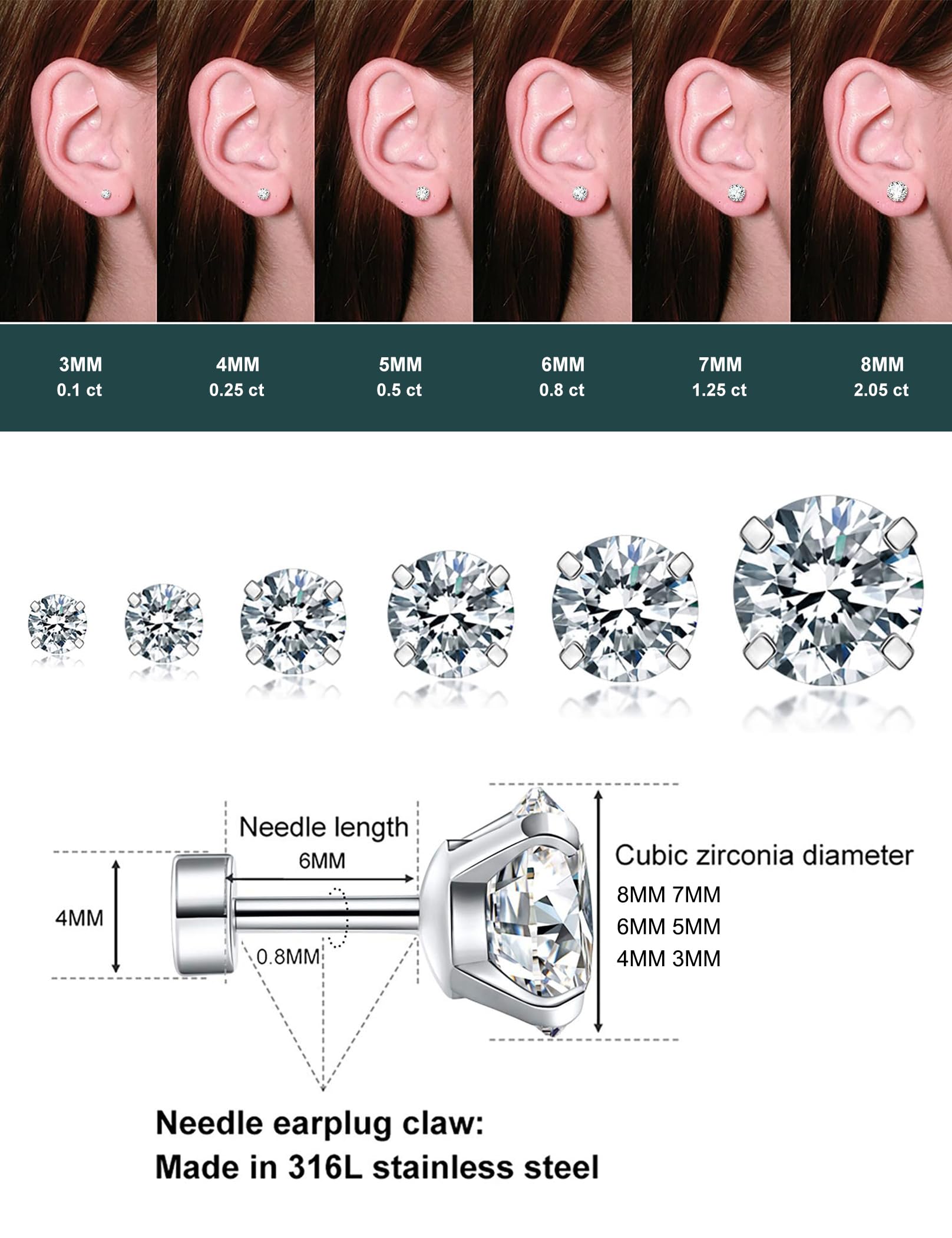 6 Pairs Hypoallergenic Cubic Zirconia Earrings - Surgical Steel Flat Back Studs for Cartilage Piercing | Screw Back Fashion Jewelry for Women | Perfect for Daily Wear, Parties & Gifts