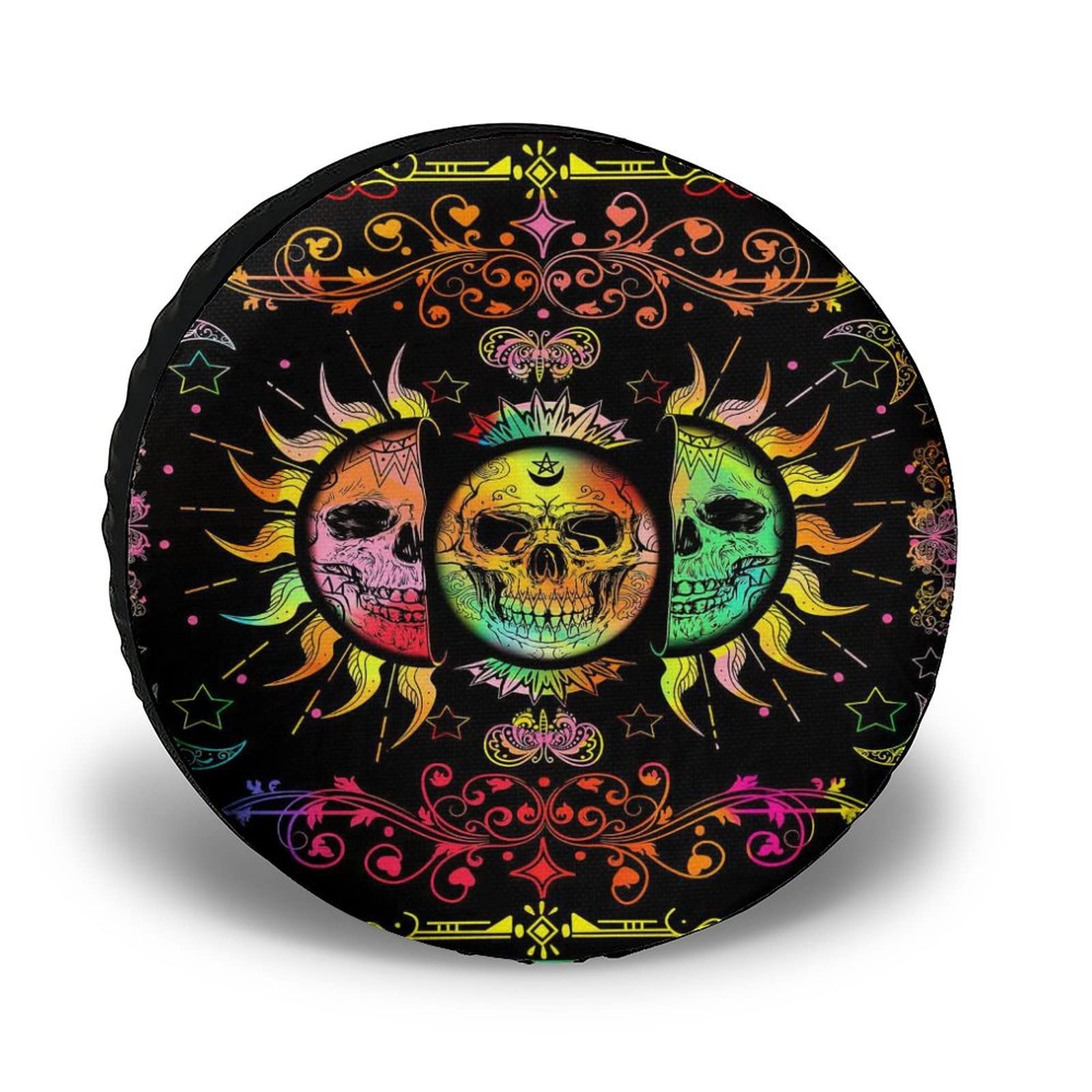 UV Reactive Spare Tire Cover with Trippy Moon, Sun & Stars Design - Waterproof Universal Fit for RV, SUV, Truck, Camper & Trailer - Hippie Bohemian Style Wheel Protector for Camping, Road Trips & Outdoor Adventures