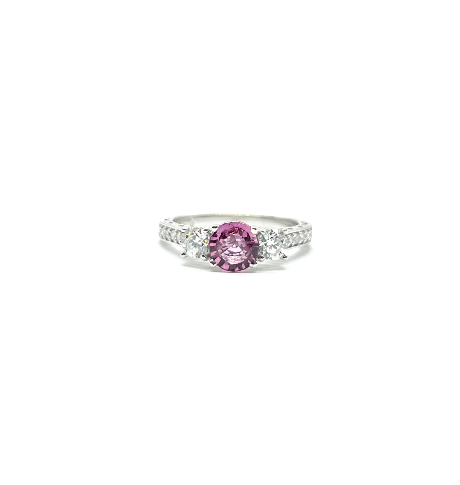 White Gold Pink Sapphire and Diamond 3 Inline Ring for Women – Elegant Wedding, Engagement, Anniversary Jewelry Gift