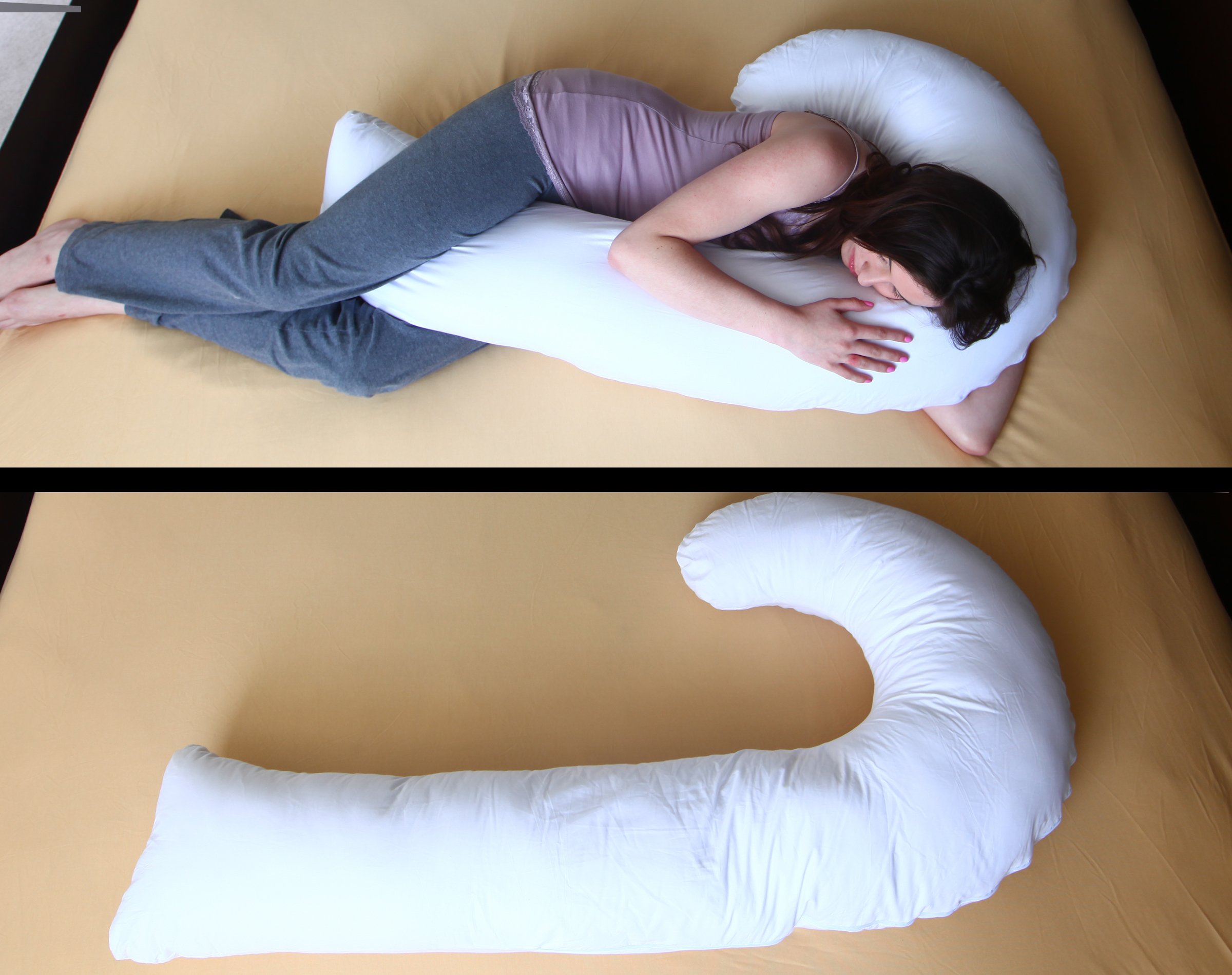 Premium J-Shaped Full Body Pillow for Adults - Ultra Soft Synthetic Fiber Filling - Extra Long Full Body Support - Ideal for Side Sleepers, Pregnancy Comfort & Stress Relief - White Luxury Bed Pillow (Perfect for Reading, Lounging & Pain Relief)