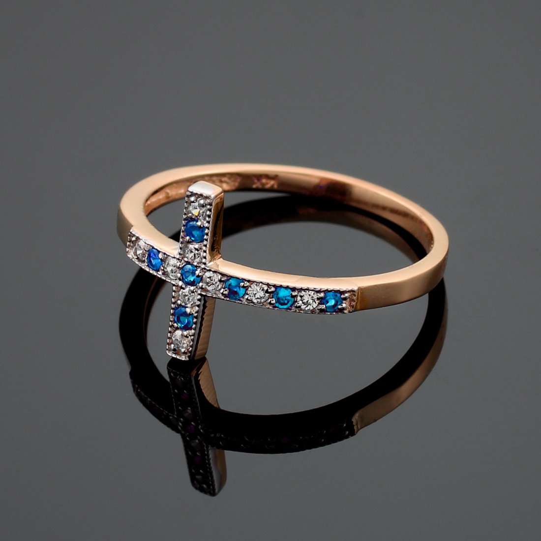 14K Rose Gold Diamond Sideways Cross Ring with Sapphire - Elegant Religious Jewelry for Women, Gift for Baptism, Confirmation & Special Occasions