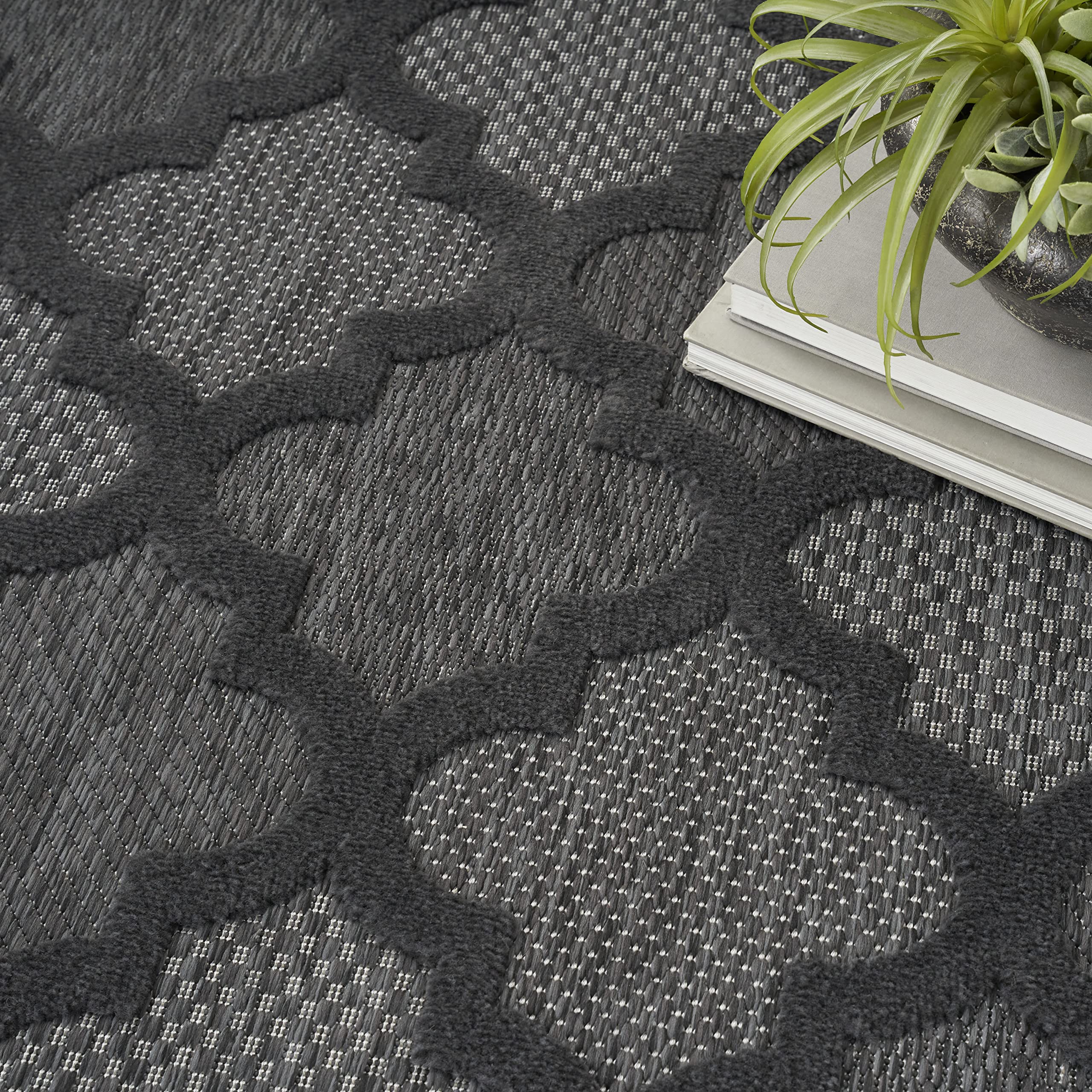 Nourison Easy Care Moroccan Charcoal/Black 6' x 9' Area Rug - Trellis Pattern, Non-Shedding & Easy Cleaning - Perfect for Bedroom, Living Room, Dining Room, Backyard, Deck & Patio (6x9) - Ideal for Home Decor, Outdoor Entertaining & Cozy Gatherings