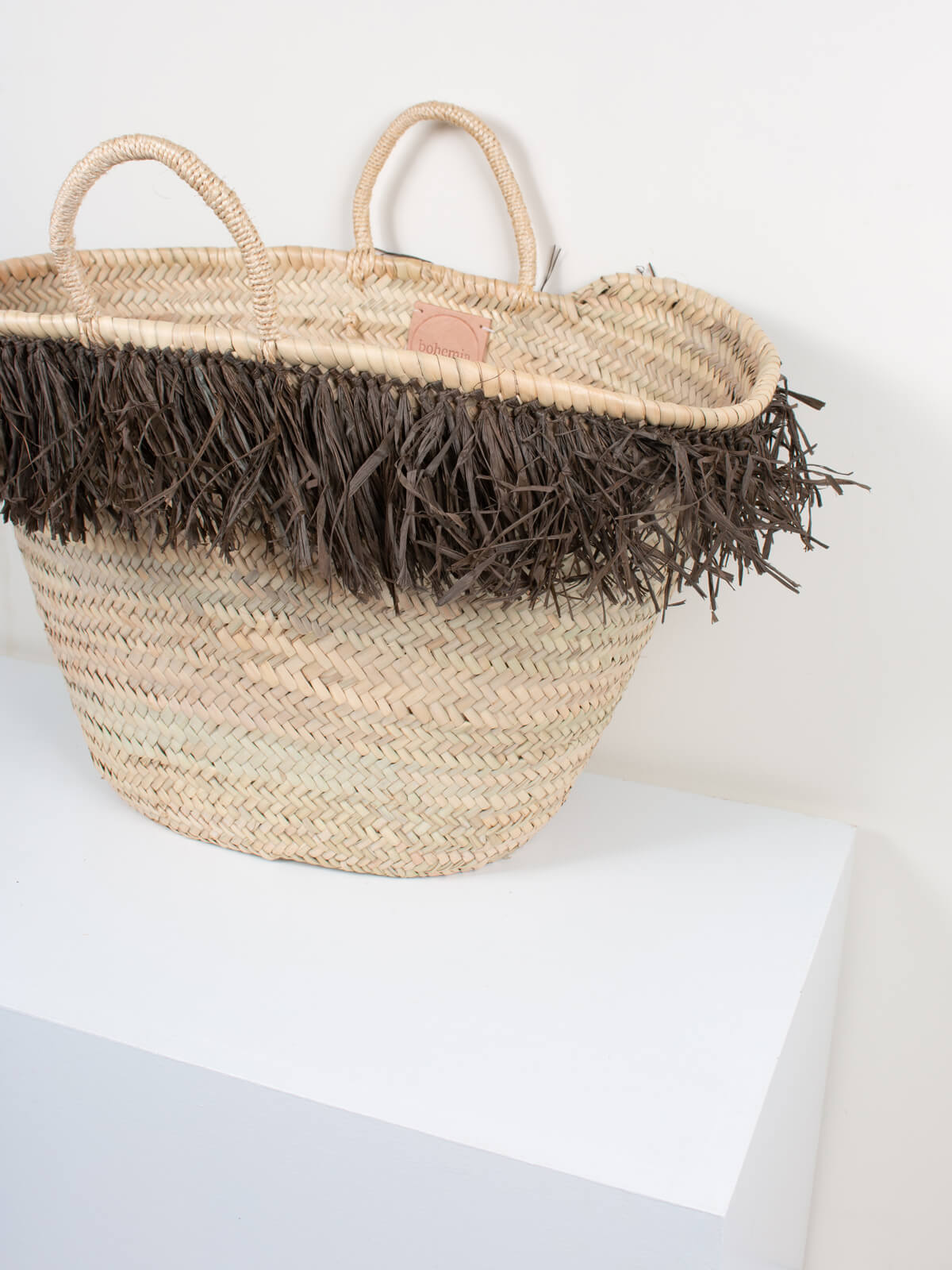 Natural Raffia Tassel Basket with Moss - Handwoven Boho Storage Bin for Home Decor, Nursery, or Beach Essentials - Perfect for Organizing Blankets, Toys, and Coastal Style Decorations