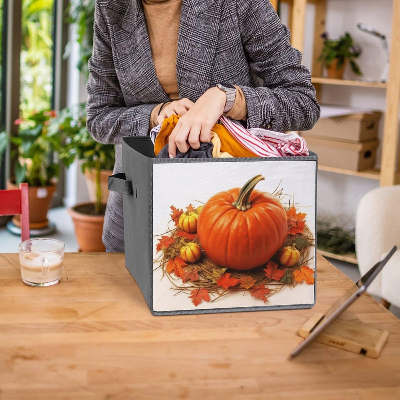 2PCS Foldable Storage Bins - Large Capacity Pumpkin Printed Storage Boxes with Handles for Home, Office, Playroom Organization | Perfect for Toys, Books, Clothes & Seasonal Decor Storage