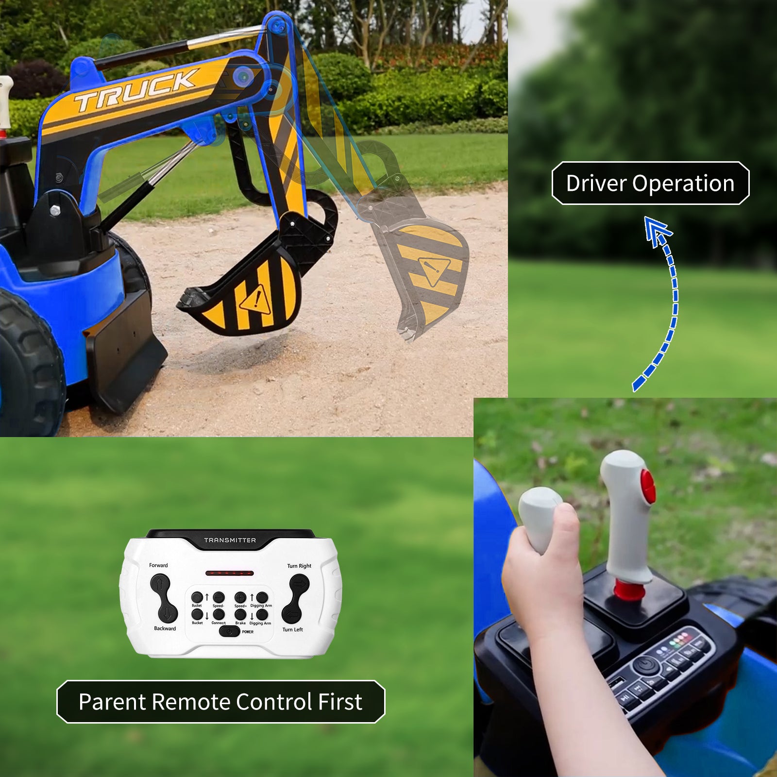 GARVEE 12V Kids Ride On Excavator Toy with Remote Control - Electric Digging Arm, 2x35W Motors & 10Ah Battery, 4x75W Driving Motors, LED Lights, Music & USB - Blue | Outdoor Play, Construction Pretend, Birthday Gift for Toddlers 3-6 Years