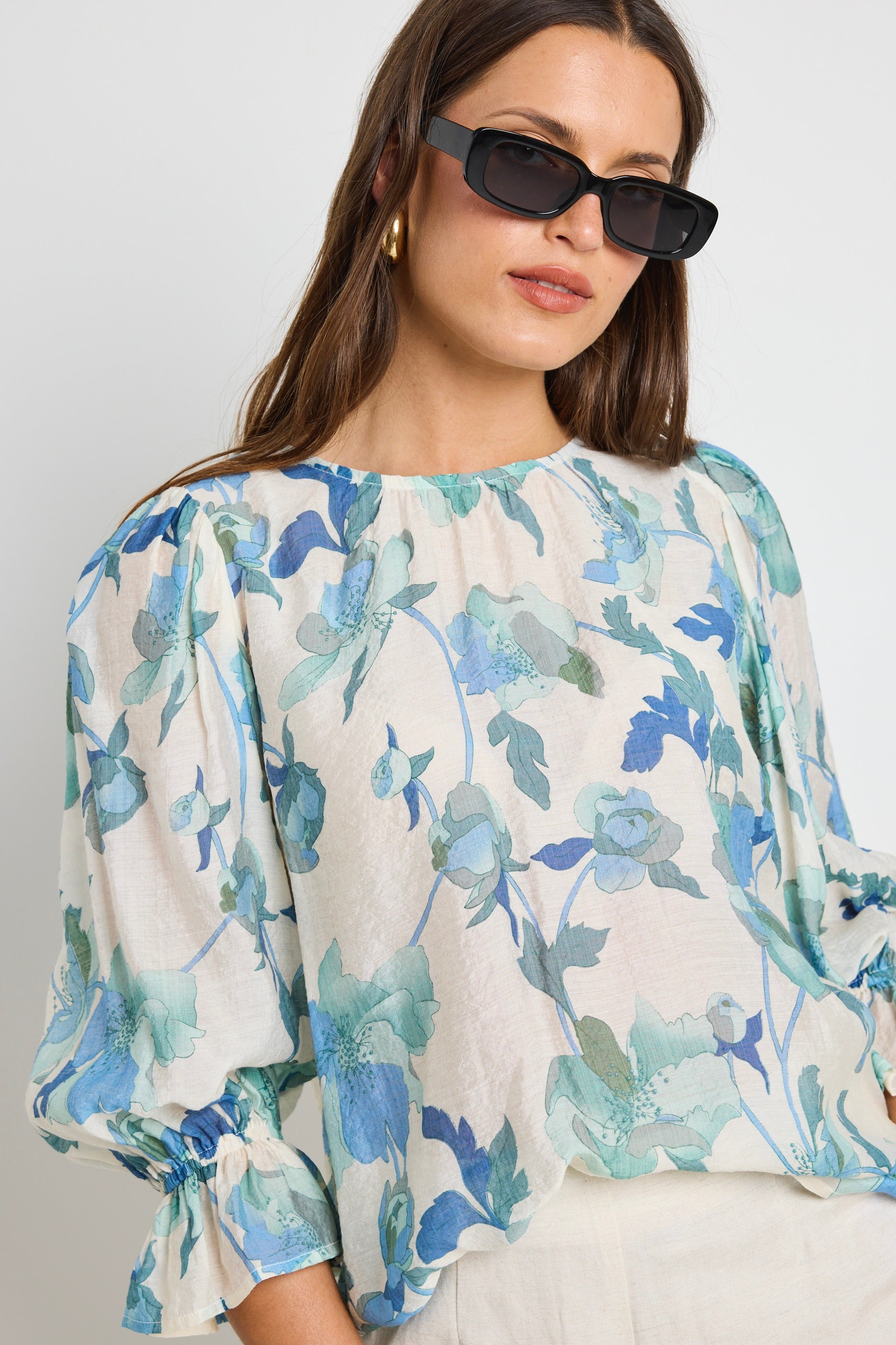 Candid Blue Cream Floral Frill Sleeve Crew Neck SS Top - Women's Casual Summer Blouse for Beach Outings & Date Nights