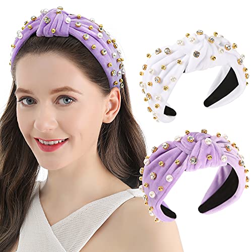 Sparkling Rhinestone & Pearl Headband for Women - Elegant Crystal Beaded Hair Accessories, Velvet Top Knot Headband (2PCS) - Perfect for Weddings, Parties, and Special Occasions