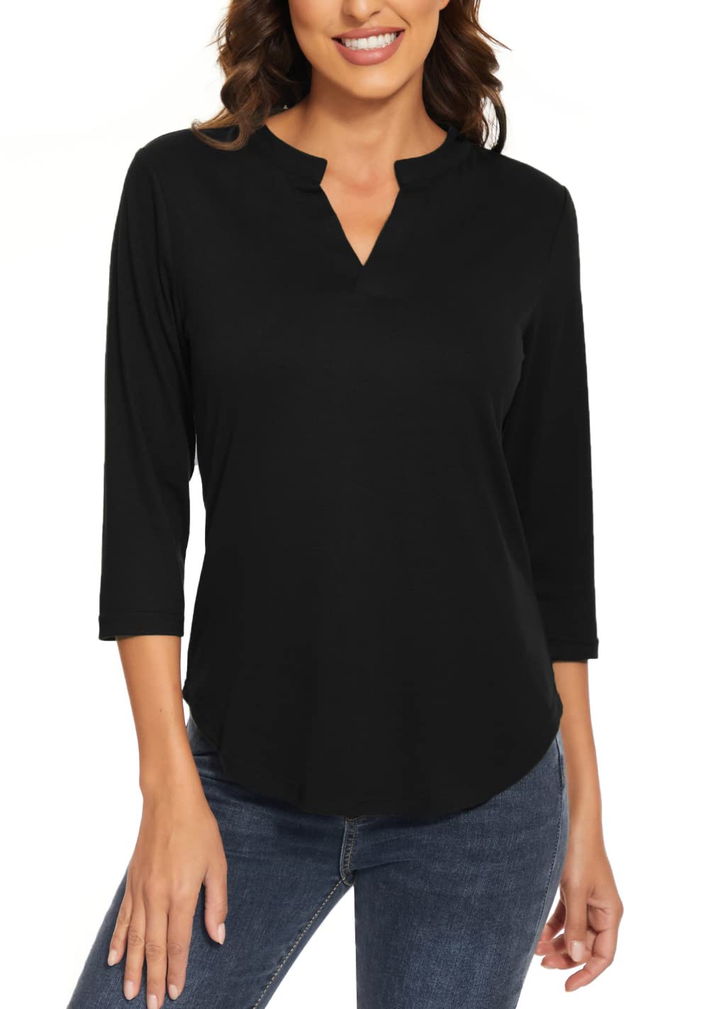 Women's 3/4 Sleeve V-Neck Collared T-Shirts - Professional Work Blouses & Casual Tops for Office, Business Meetings & Everyday Wear