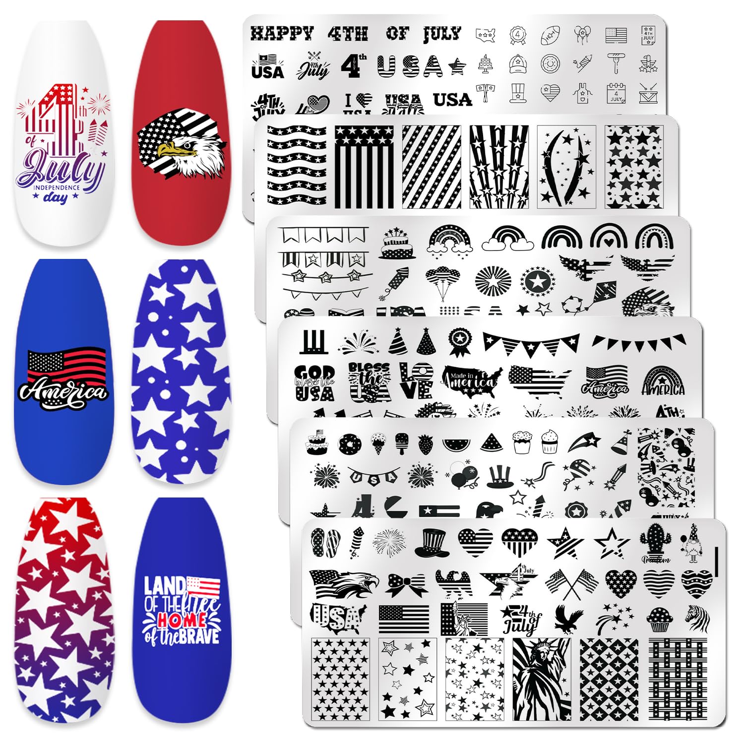 WOKOTO 6Pcs Independence Day Nail Stamping Plates Kit - American Flag & Stars Nail Art Design Stamp Plates for Women, DIY 4th of July Manicure - Perfect for Patriotic Holidays, Summer Nail Art & Party Nail Designs