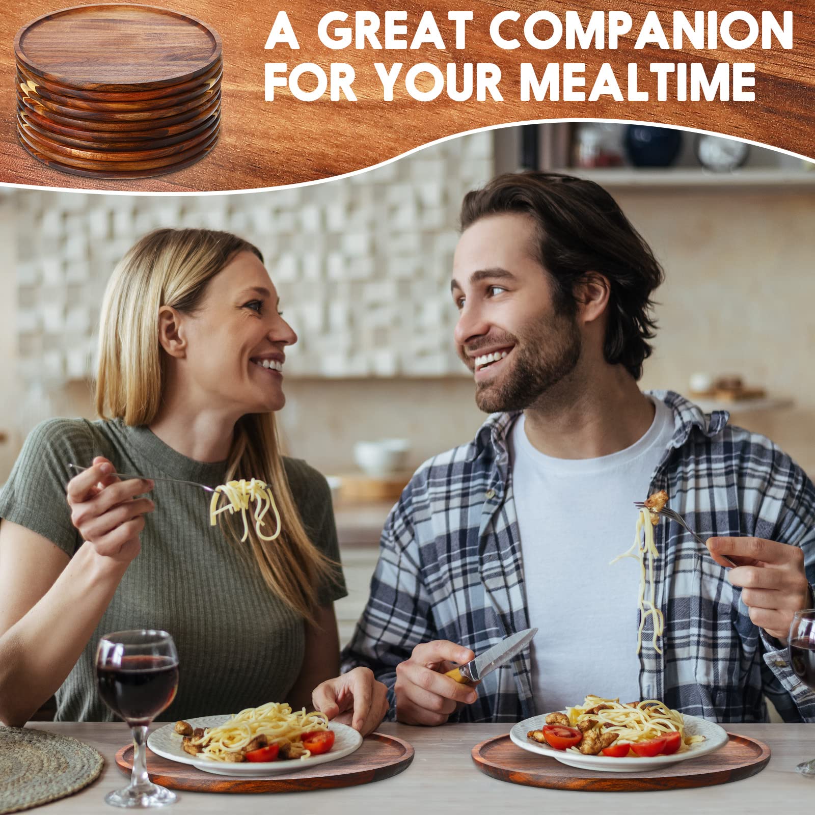 10-Piece Acacia Wood Round Charger Plates Set - 12 Inch Natural Wooden Dinner Plates, Lightweight Serving Trays for Dishes, Snacks & Desserts - Easy to Clean, Bulk Wood Platters for Parties, Weddings & Home Decor