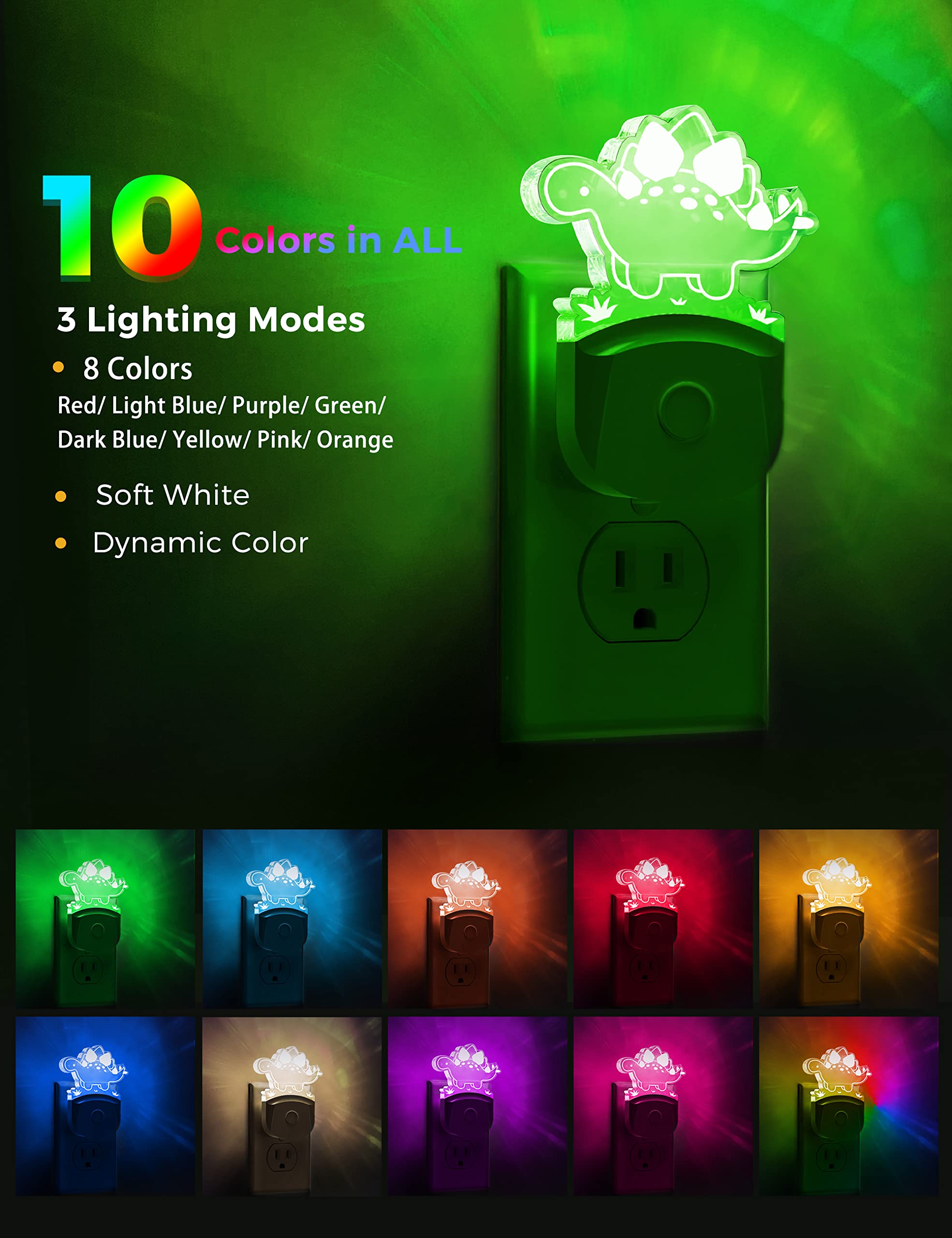 Dinosaur Night Light for Kids - Stegosaurus LED Plug-in Nightlight with RGB & Soft White 3000K, 3 Lighting Modes, Auto Dusk-to-Dawn Sensor | Perfect for Nursery, Bedroom Decor & Kids' Room Night Light | Creates Soothing Ambiance for Sleep Time and Bedtime Stories