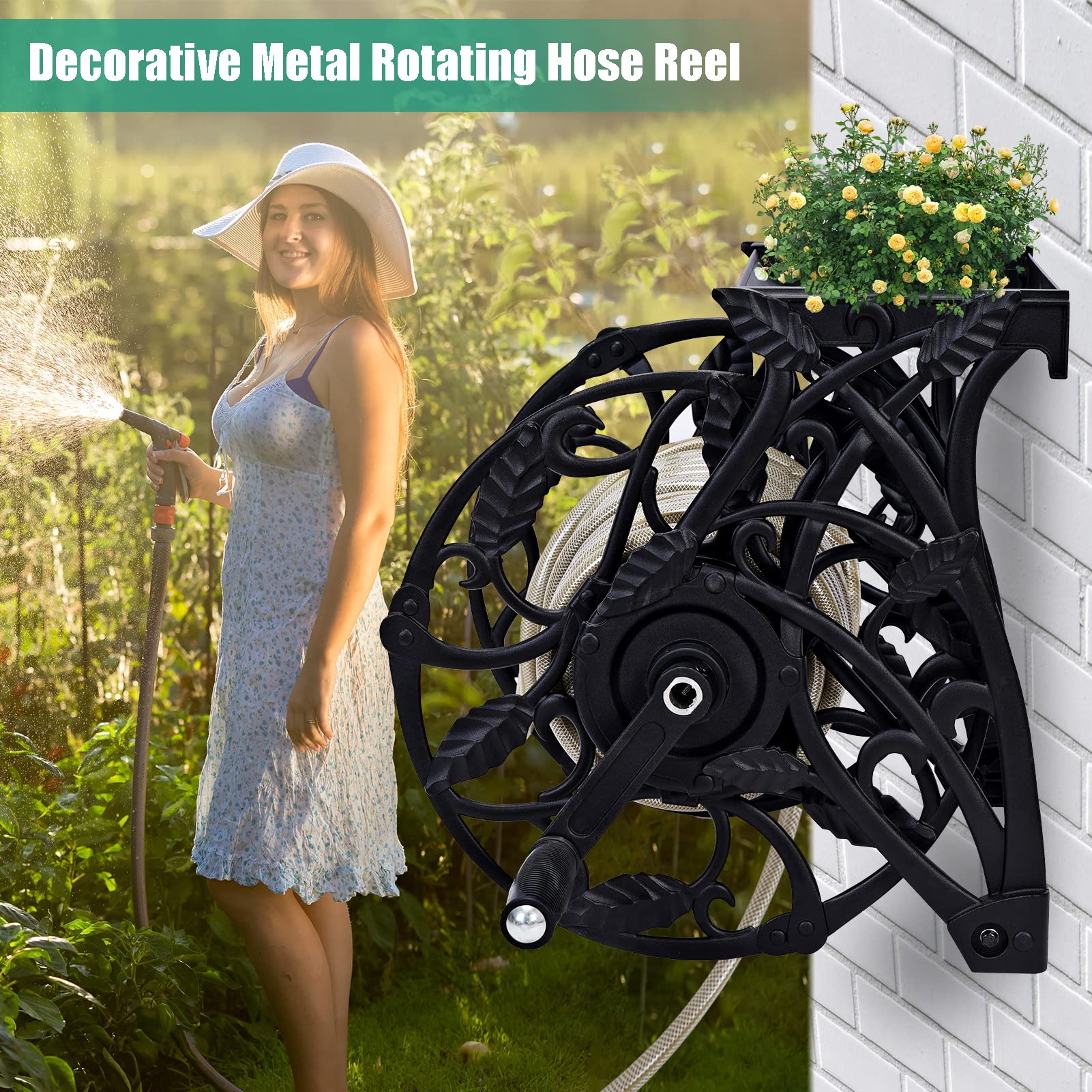 **Wall Mount Garden Hose Reel with 6.5ft Leader Hose & Storage Shelf – Holds 130ft of 5/8