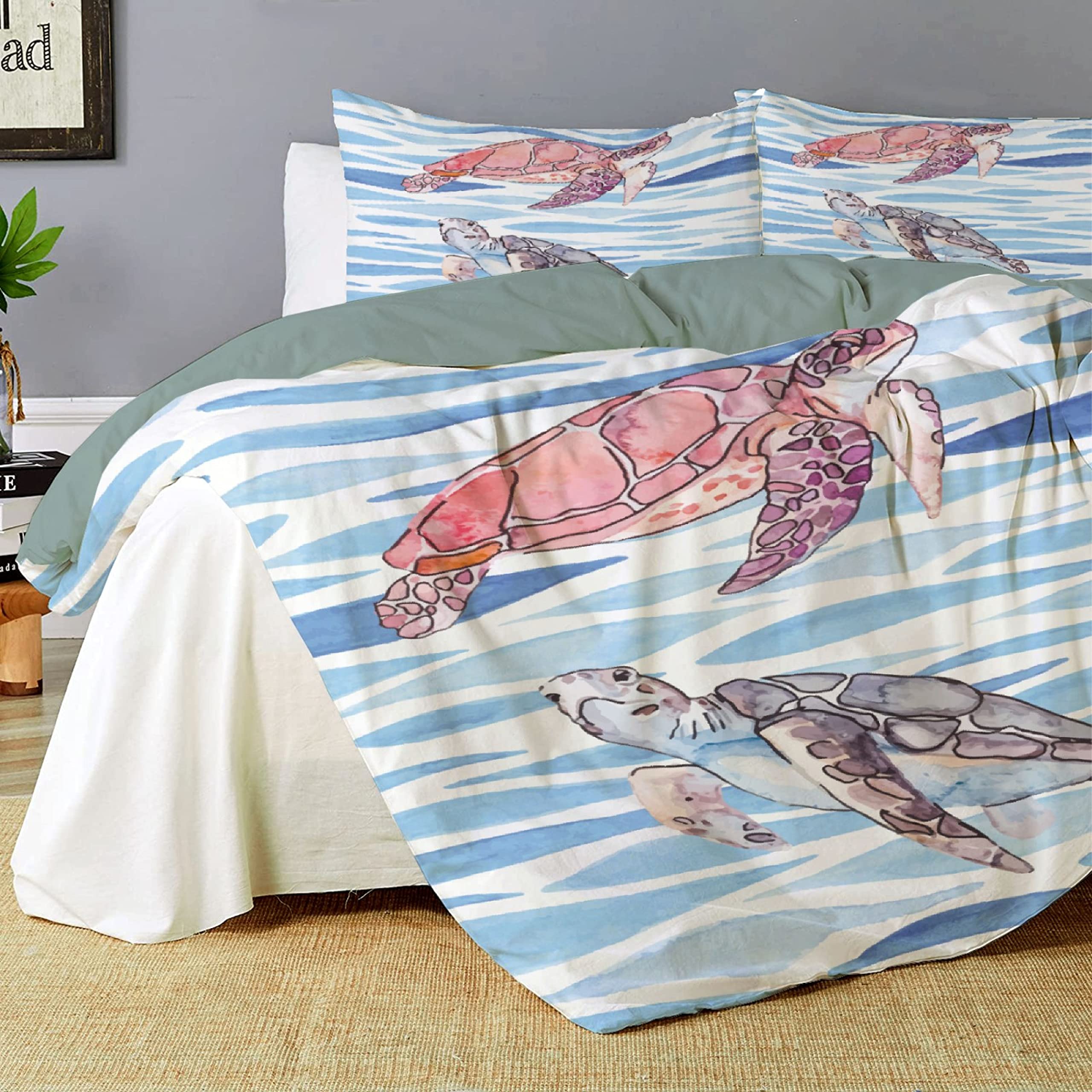 Vajrapani Watercolor Sea Turtle Bedding Set Twin Size 68x87 Inches | 3 Piece Ocean Animal Print Comforter Cover with Pillow Shams | Corner Ties & Zipper Closure | Perfect for Kids' Rooms, Beach Themed Decor & Coastal Home Styling