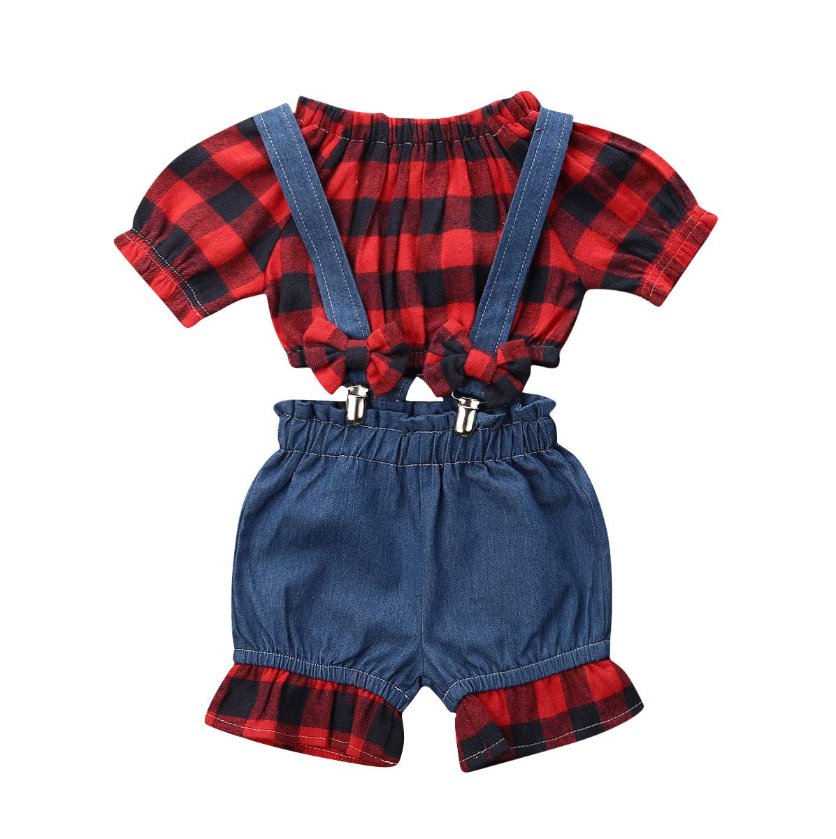 Toddler Girls 2-Piece Outfit - Plaid Short Sleeve Crop Top & Denim Suspenders Shorts Set | Cute Playtime & Summer Outfits for Toddlers