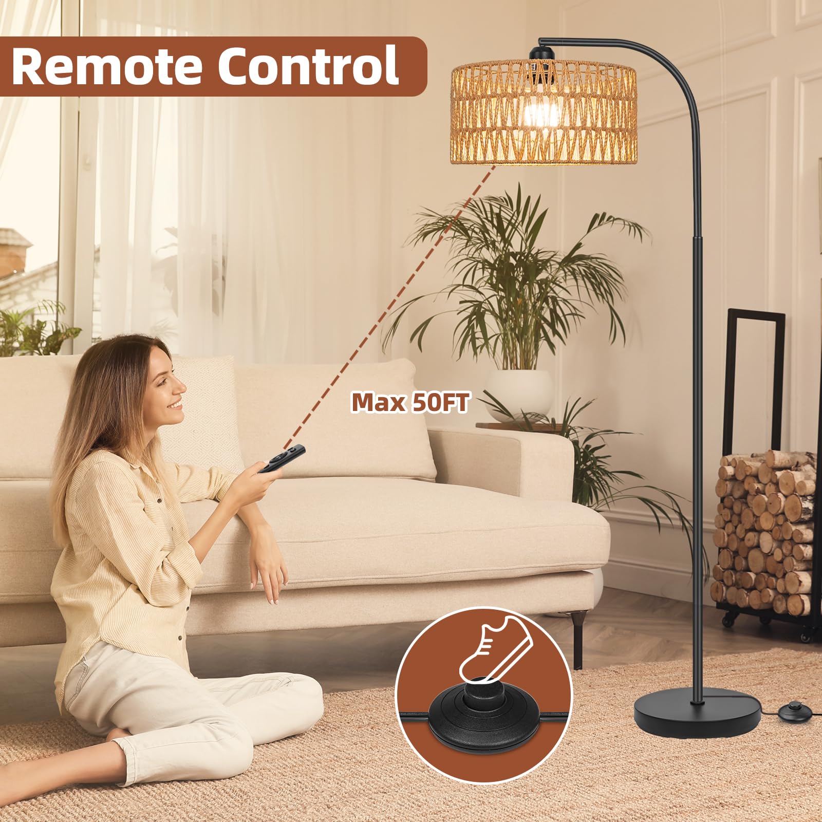 Boho Rattan Floor Lamp with Double Linen Shades - 9W LED Bulb & Foot Switch - Arc Standing Lamp for Living Room, Bedroom, Office - Perfect for Cozy Reading Nooks and Modern Boho Decor