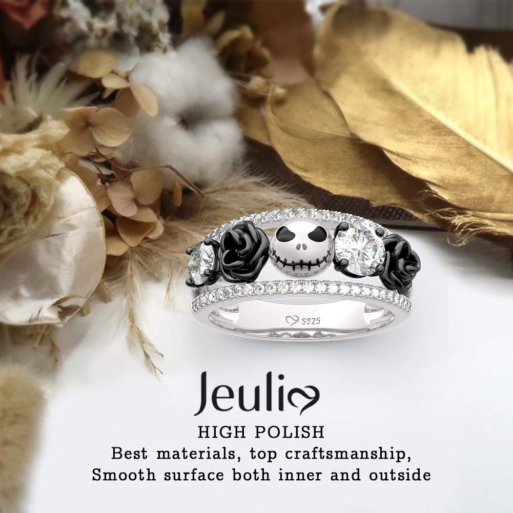 Jeulia 1.76ct Rose Flower Skull Wedding Band - 925 Sterling Silver Diamond Eternity Ring for Women - Romantic Engagement, Anniversary & Promise Jewelry Gift - Perfect for Gothic Weddings, Valentine's Day & Alternative Fashion
