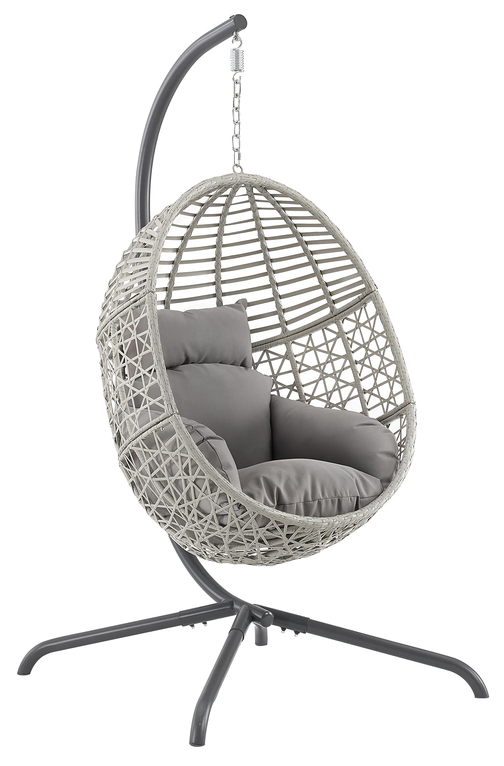 Crosley Lorelei Wicker Hanging Egg Chair with Stand - Indoor Outdoor Swing Chair for Patio, Porch, Deck, Garden - Gray Rattan Hanging Chair for Relaxing & Lounging