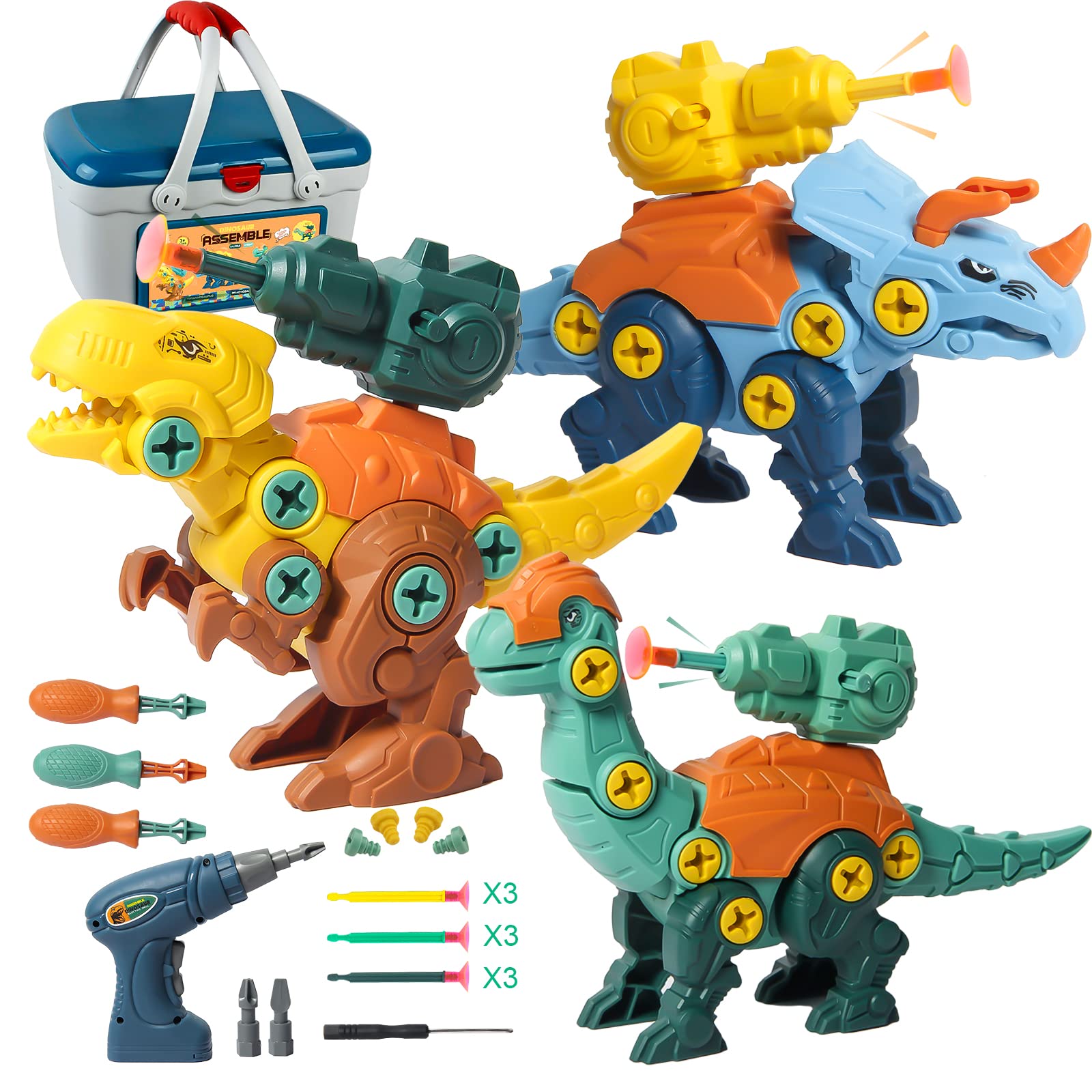 Take Apart Dinosaur Toys for Kids Ages 3-12 - STEM Construction Building Set with Electric Drill, Launching Missile & Storage Box - Perfect Birthday Gift for Boys & Girls - Fun Learning Toy for Preschool & Elementary School Children