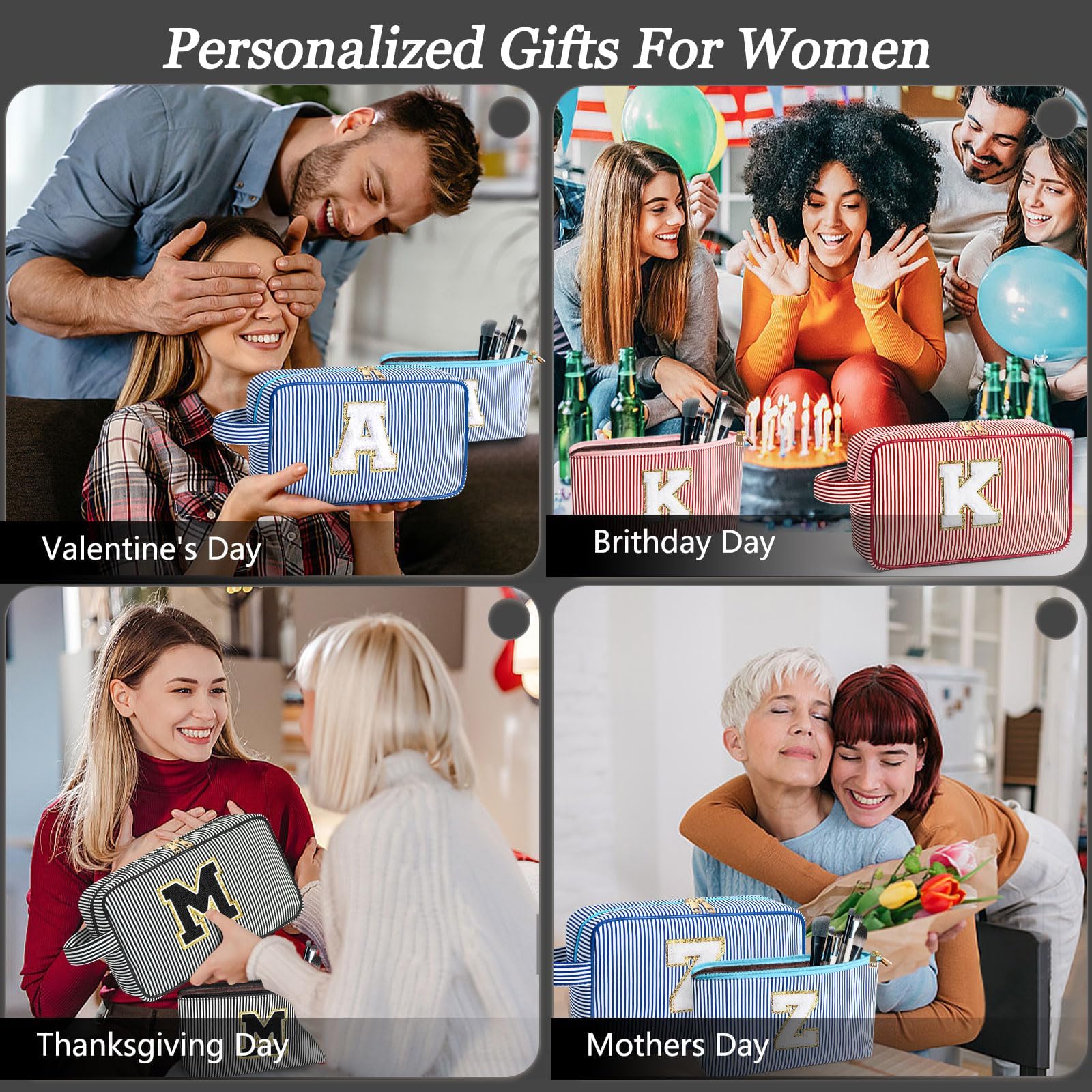 Personalized Initial Makeup Bag for Women - Black Cosmetic Pouch Travel Toiletry Organizer | Birthday Valentine's Day Gift for Her, Mom, Girlfriend | Perfect for Travel, Gym, Bridal Shower & Everyday Use