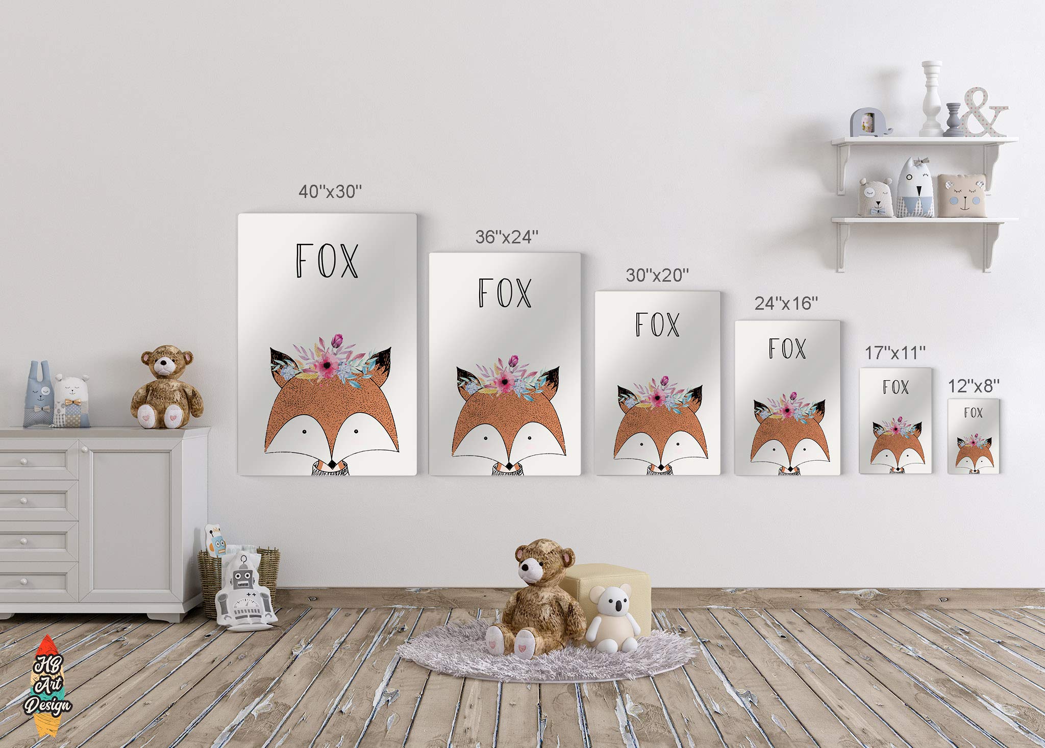 Cute Fox Bear Flower Headpiece Wall Art - 2 Panel Metal Print Set for Nursery & Kids Room Decor - Handmade in USA (40x30 inches) - Perfect for Baby Girl & Boy Bedrooms, Playrooms & Birthday Gifts