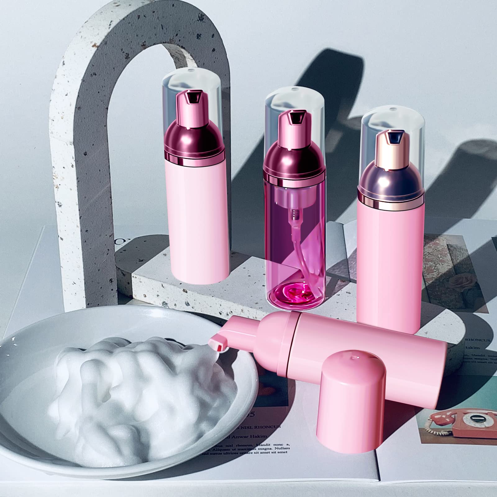 2 Oz Clear Rose Red Foam Pump Bottles (12 Pack) - Travel Foamer Soap Dispenser for Lash Shampoo, Hand Soap & Facial Cleanser | Perfect for Salon, Bathroom & On-the-Go Use
