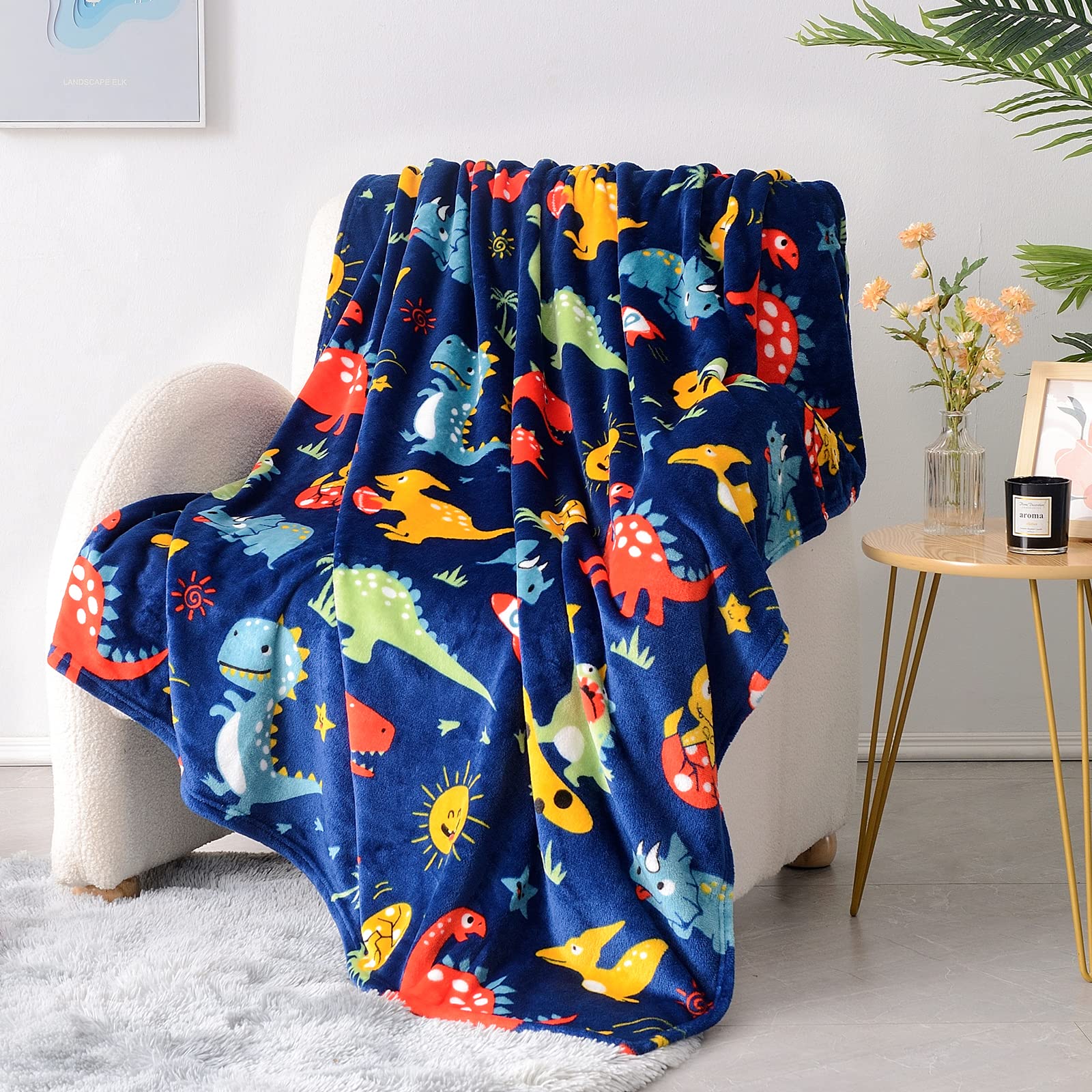 Soft Cozy Dinosaur Fleece Blanket for Kids & Teens - 50x60 Inch Navy Blue Fluffy Throw Blanket for Sofa, Bed, Nursery - Perfect for Boys, Girls, Toddlers & Dinosaur Lovers - Great for Snuggling, Lounging & Gift Giving