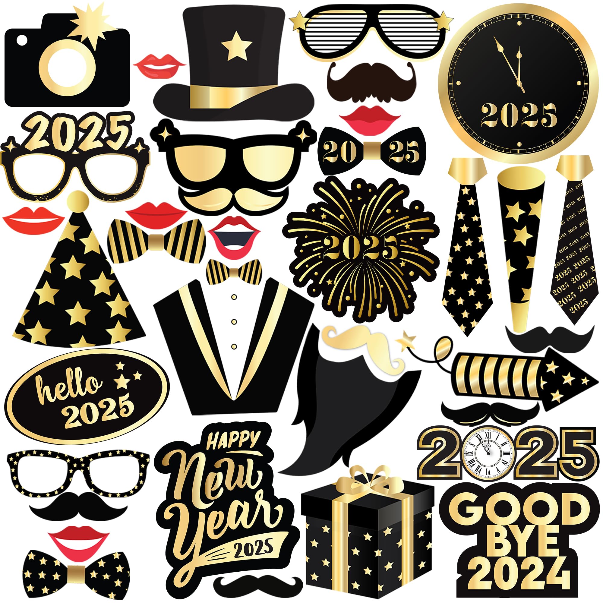 KatchOn 2025 New Year's Eve Photo Booth Props Kit - 35-Piece Set for NYE Party Decorations & Supplies | Fun New Year's Photo Accessories for 2025 Celebrations | Perfect for Countdown Parties, Family Gatherings & Social Media Photos