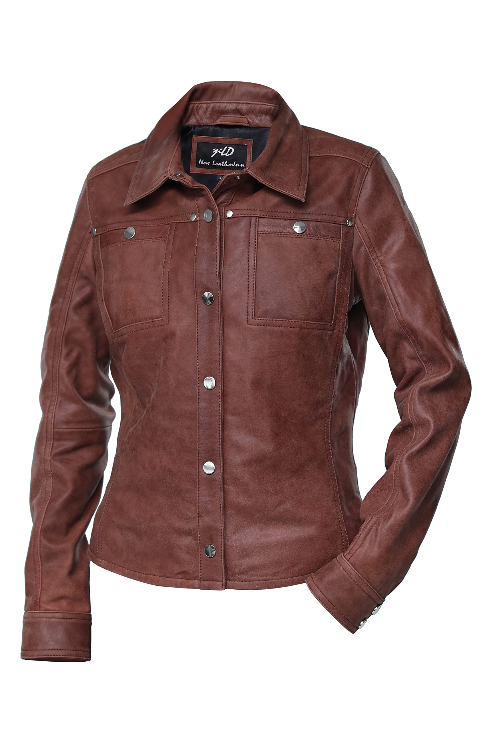 Jild Women's Button Front Lambskin Leather Jacket Shacket - Casual Long Sleeve Shirt Jacket with Bust Pocket | Perfect for Fall Layering, Date Nights & Office Wear