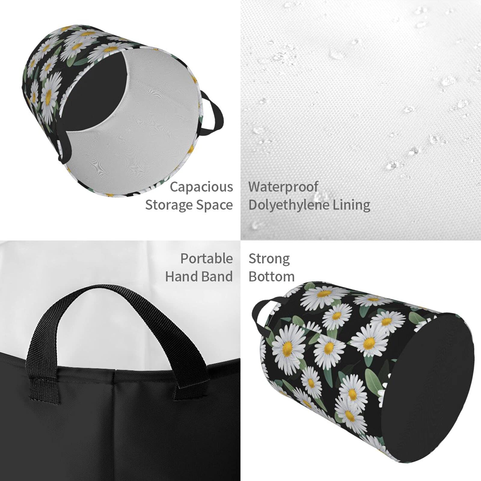 Collapsible Laundry Basket with Handle - Waterproof Fabric Hamper Organizer for Clothes, Toys & Bathroom Storage | Sunflower Daisy Design with Leaves | Foldable Dirty Clothes Bin for Home, Dorm & Travel Use