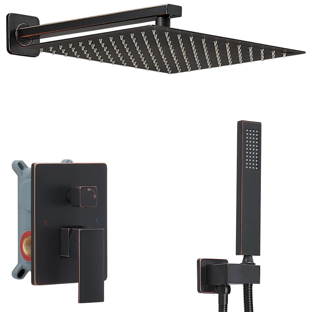 Oil Rubbed Bronze Shower System - 12 Inch Luxury Rain Shower Head with Handheld Combo, Wall Mounted High Pressure Rainfall Shower Faucet Set with Valve and Trim - Perfect for Modern Bathroom Renovation & Spa-Like Shower Experience