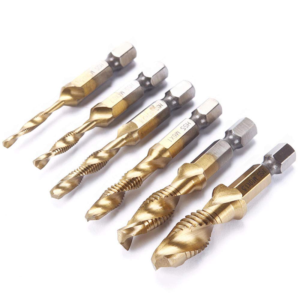 6-Piece Titanium M2 HSS Hex Shank Drill Bit Set - High-Speed Steel Spiral Point Thread Metric Plug Bits for Metal, Wood & DIY Projects
