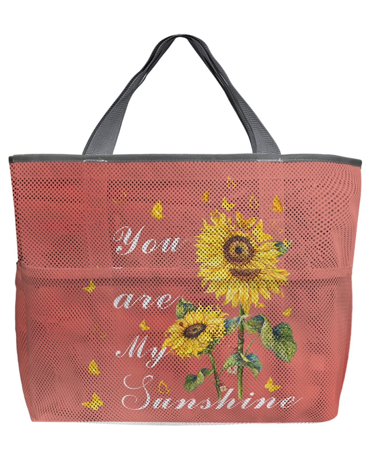 Waterproof Mesh Beach Tote Bag - 60L Oversized Sunflower Print Tote with Pockets | Quick Dry Lightweight Foldable Swim Bag (24x18x8 inches) | Perfect for Beach, Pool, Grocery Shopping & Travel Accessories