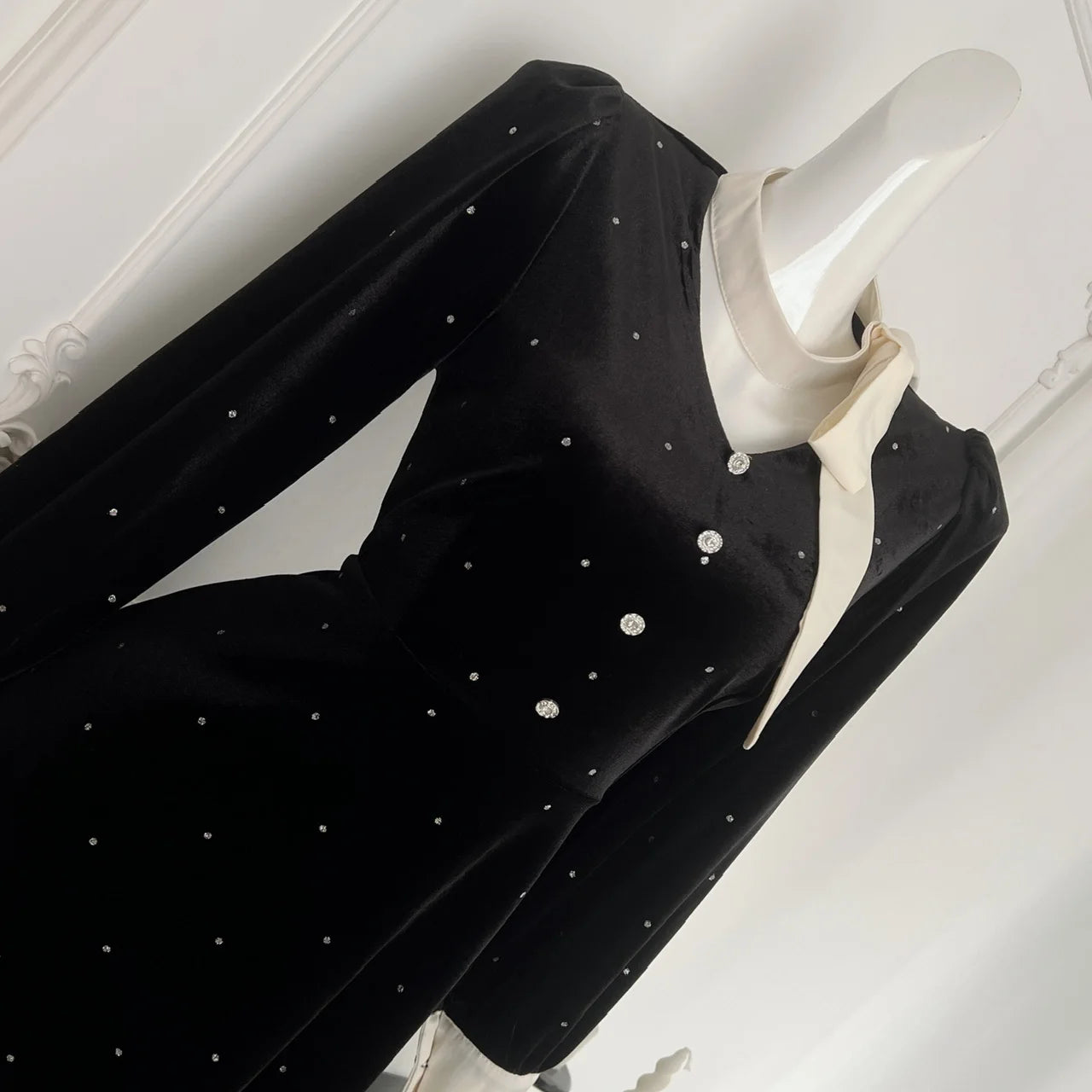 French Black Velvet Patchwork Dot Elegant V-Neck Long Sleeve Party Dress for Women | Autumn Winter 2024 Fashion | Perfect for Evening Events, Cocktail Parties & Formal Occasions