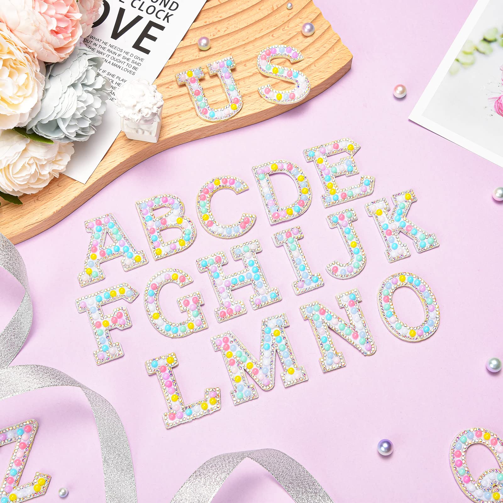 Jongdari Iron-On Letters - 26pcs A-Z Glitter Pearl Rhinestone Alphabet Patches for DIY Clothes, Bags & Hats (Macaron Color) - Perfect for Customizing Denim Jackets, Backpacks & School Uniforms
