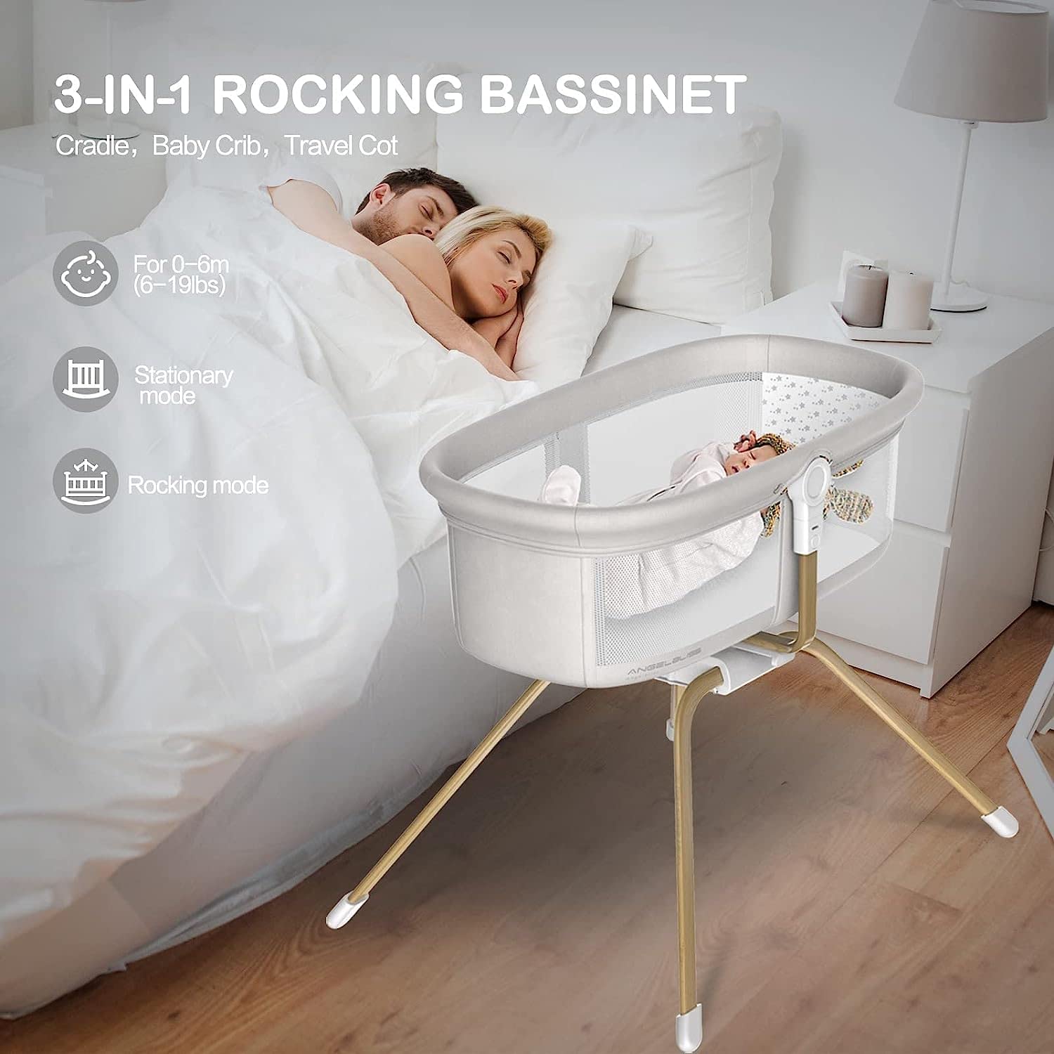 **ANGELBLISS 3-in-1 Rocking Bassinet & Bedside Sleeper – Portable Convertible Travel Crib for Newborns (White) – Perfect for Nursery, Travel & Co-Sleeping**