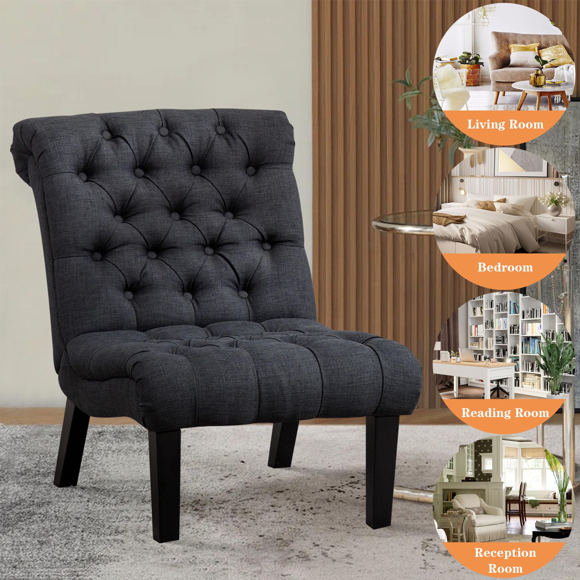 Modern Accent Chair for Living Room & Bedroom - Upholstered Tufted Armless Lounge Chair with Wooden Legs, Grey Fabric Recliner - Perfect for Reading Nook, Home Office, and Small Space Decor