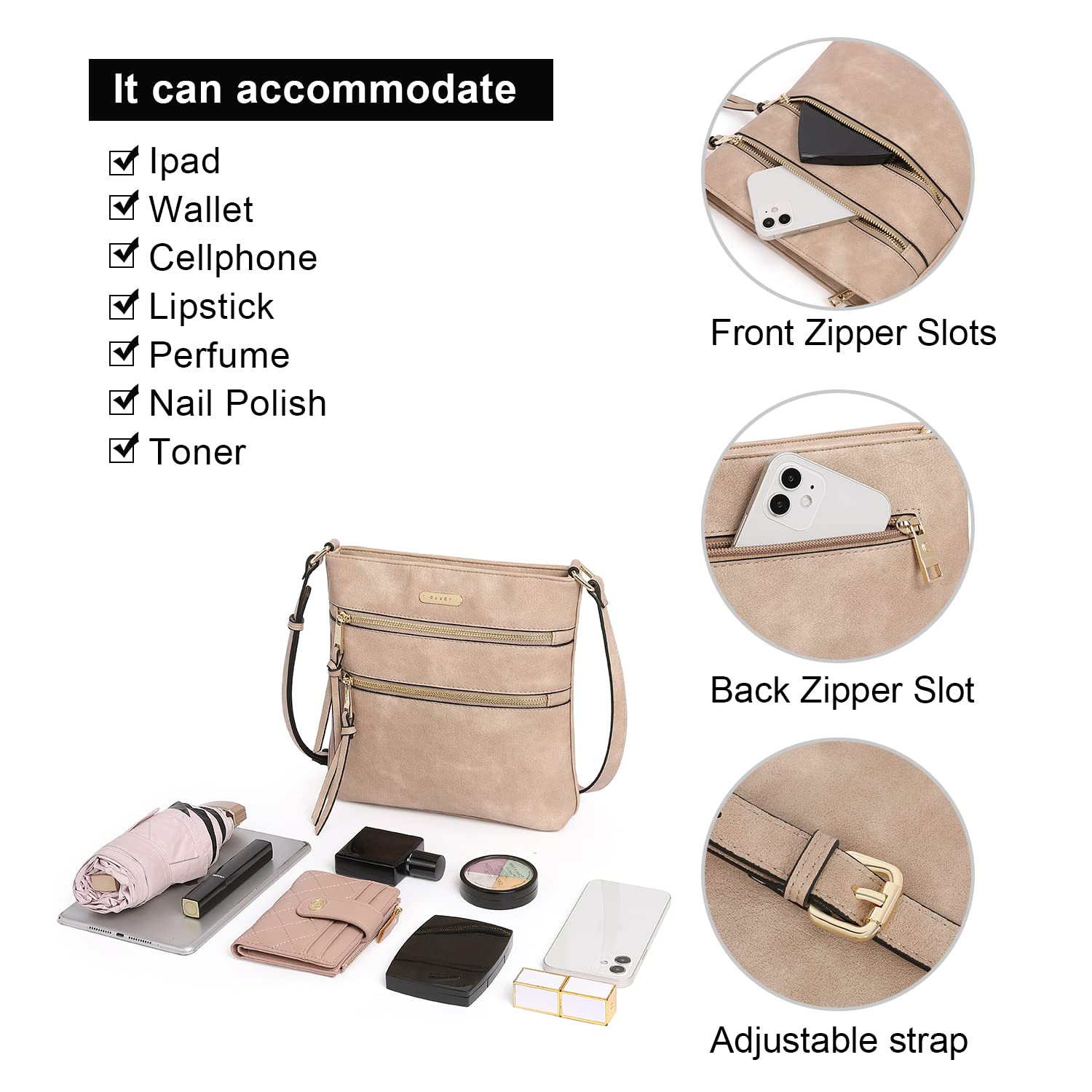 CLUCI Women's Soft Leather Crossbody Purse with Adjustable Strap & Zipper Pocket - Medium Size Shoulder Handbag for Work, Travel & Everyday Use