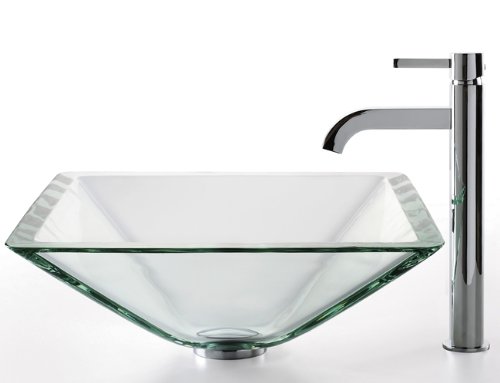 Kraus 19mm Clear Aquamarine Glass Vessel Sink with Chrome Ramus Faucet - Modern Bathroom Vanity Sink for Contemporary Home Decor