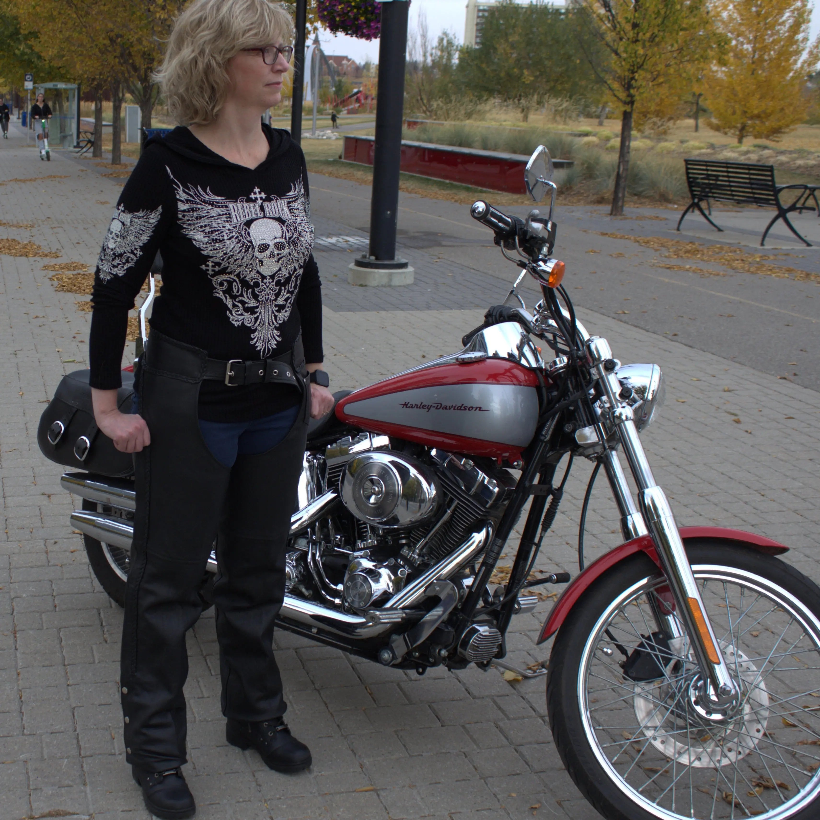 Premium Leather Chaps for Women - Open Road Biker Style with Braid Detail - Perfect for Motorcycle Riding & Outdoor Adventures