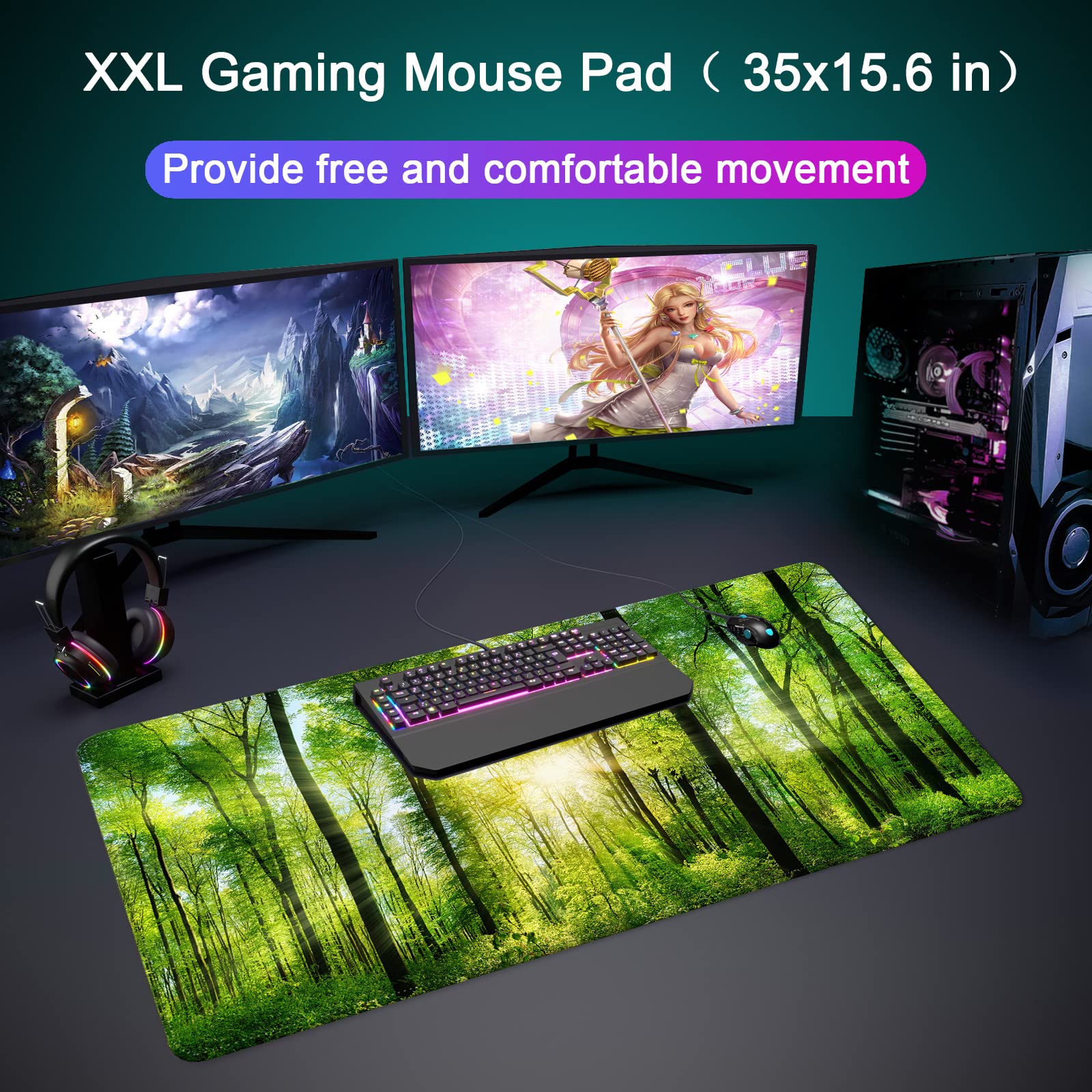 XXL Extended Gaming Mouse Pad 35''×15.6'' - Non-Slip Base & Stitched Edges Desk Mat for Computer, Office, Keyboard & Laptop (Green Forest) | Perfect for Gaming Setups, Home Office & Workspace Organization