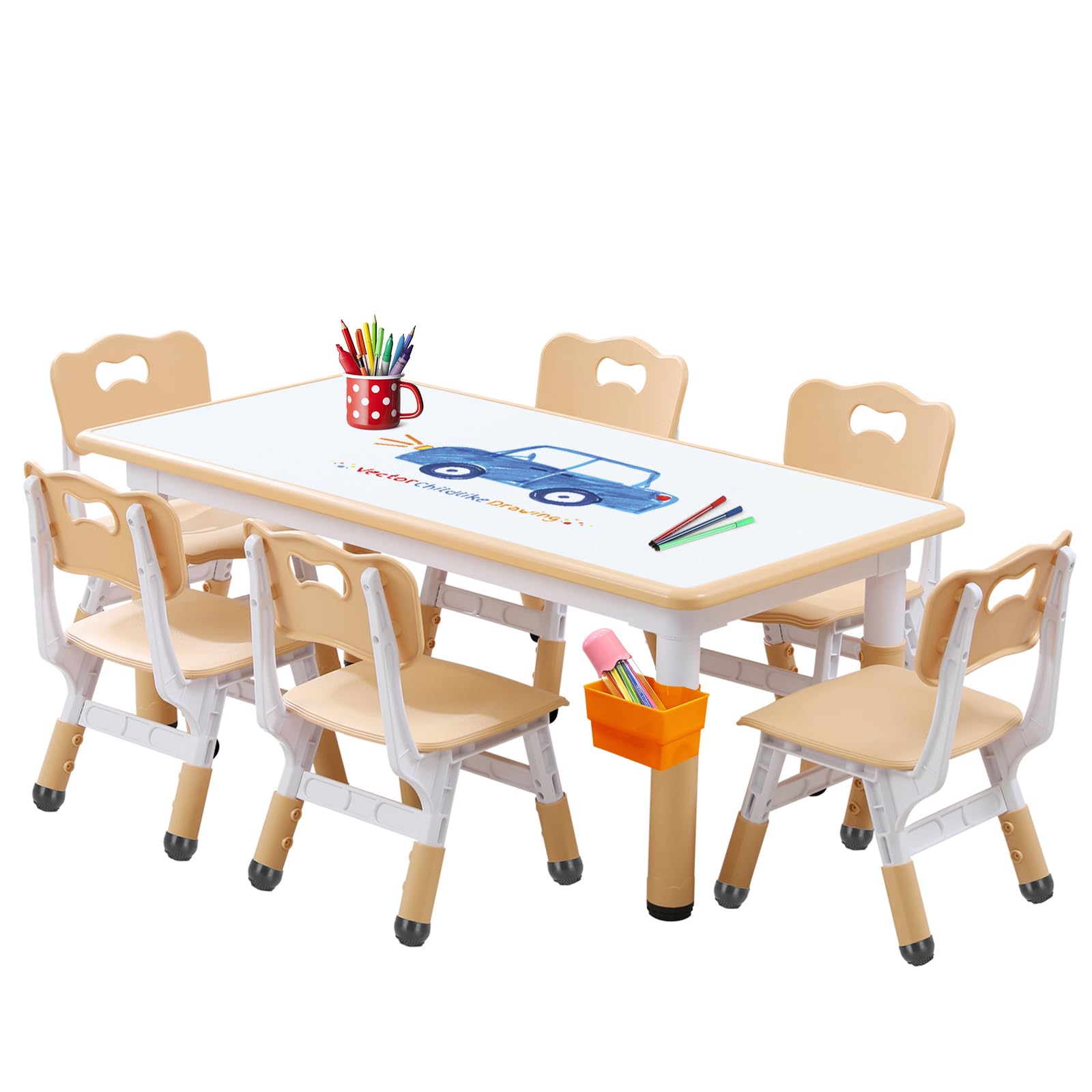 Best Kids Table and Chairs Set for 5-8 Year Olds - Toddler Table with 6 Chairs, 24 Leg Covers & 12 Color Pens - Perfect for Playroom, Classroom, and Home Learning Activities