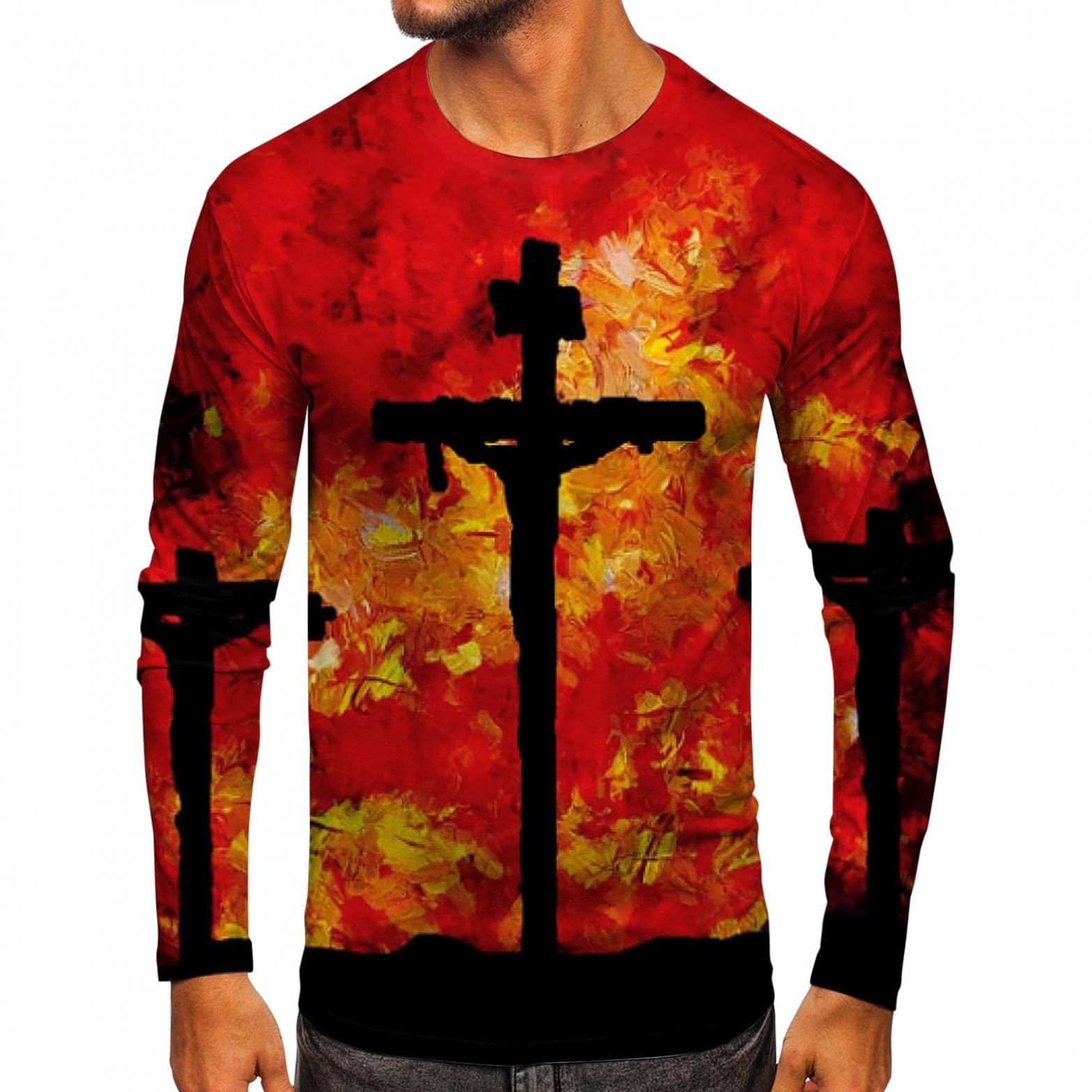 XXBR Men's Long Sleeve T-Shirt - Soldier Style Crewneck Top with Jesus Cross Print for Fall Streetwear & Workout | Athletic Faith-Based Apparel for Church, Gym & Casual Wear
