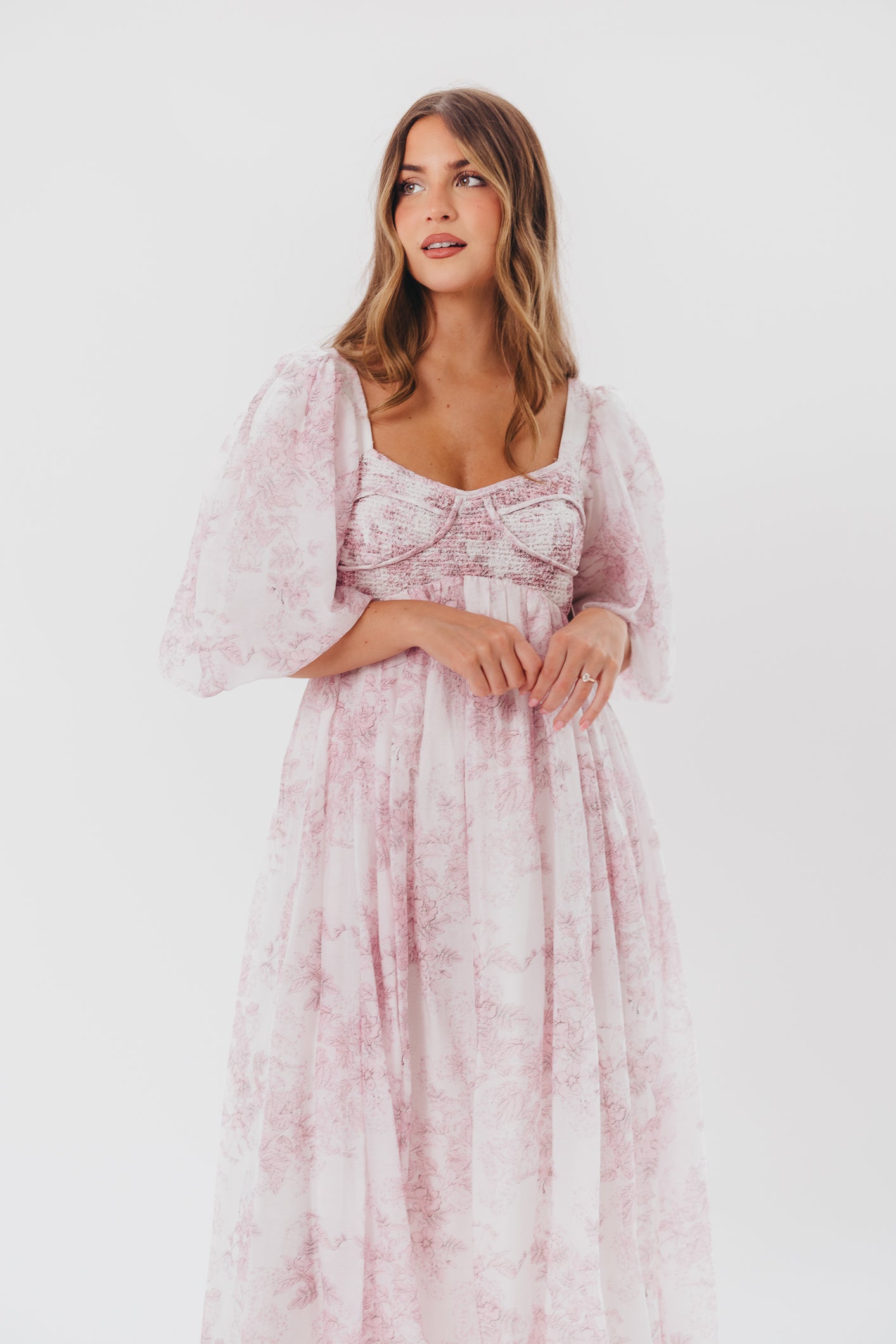 Light Pink Floral Harlow Midi Dress - Bump Friendly Maternity Dress with Inclusive Sizing (S-3XL) for Pregnancy, Baby Showers & Special Occasions