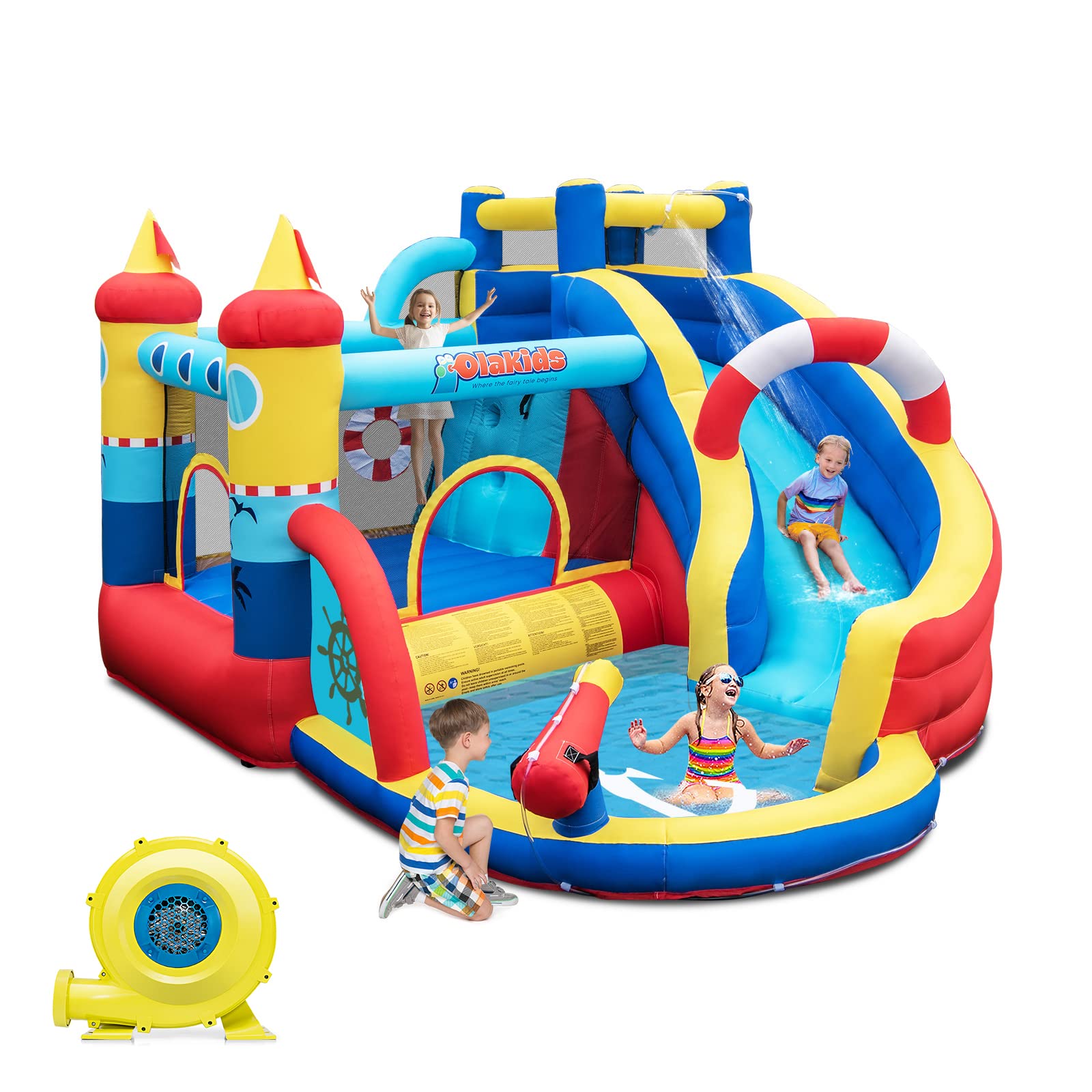 OLAKIDS Inflatable Water Slide - Nautical Themed Bouncy Castle with Splash Pool, Climbing Wall & Water Gun | Outdoor Water Play for Kids | Perfect for Backyard Parties, Summer Fun & Family Gatherings | Includes Air Blower, Carry Bag & Repair Kit