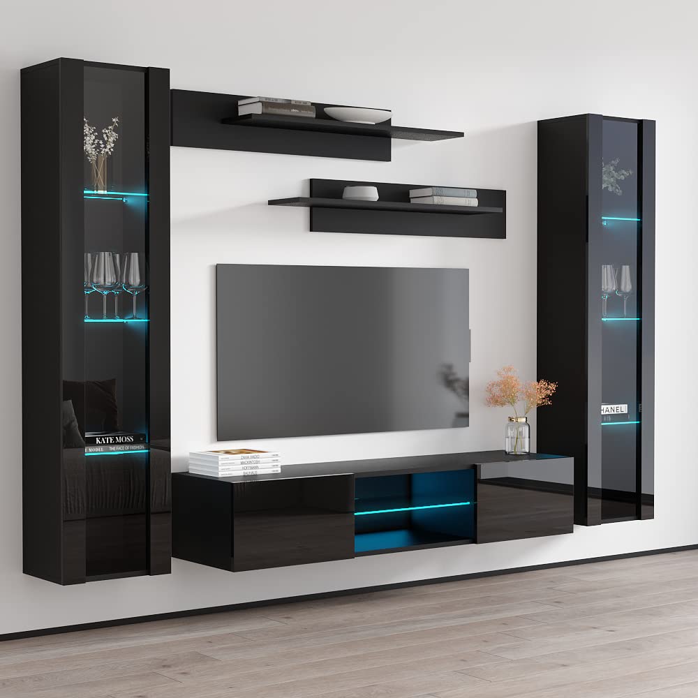 Modern Wall-Mounted TV Stand with Storage Shelves & LED Lights - Floating Entertainment Center Console for Bedroom & Living Room - AB2 33TV Stand by Meble Furniture - Perfect for Small Spaces, Apartments & Home Theater Setups - Black
